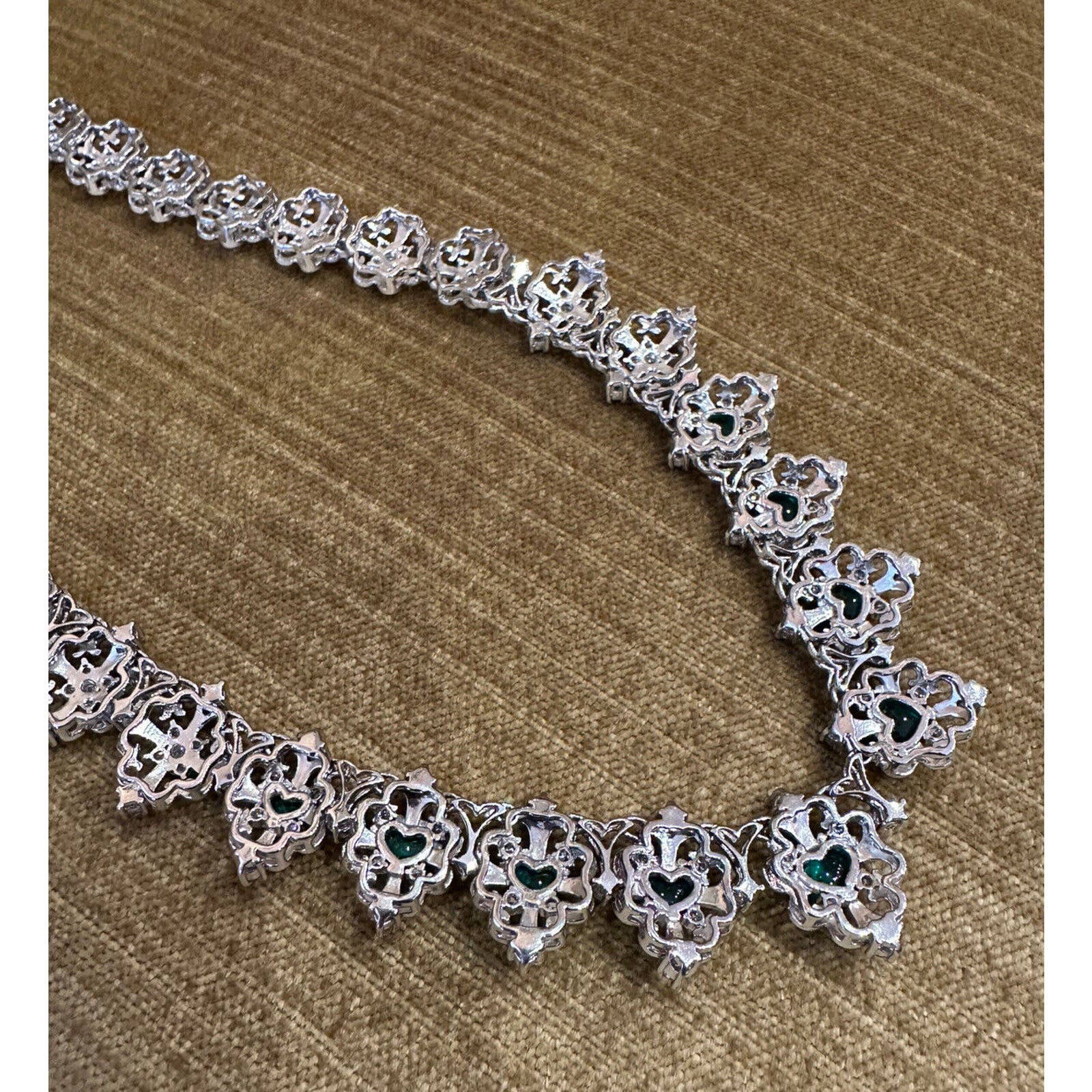 Emerald Heart Cabochon and Diamond Filigree Necklace in Platinum - HM2455EN