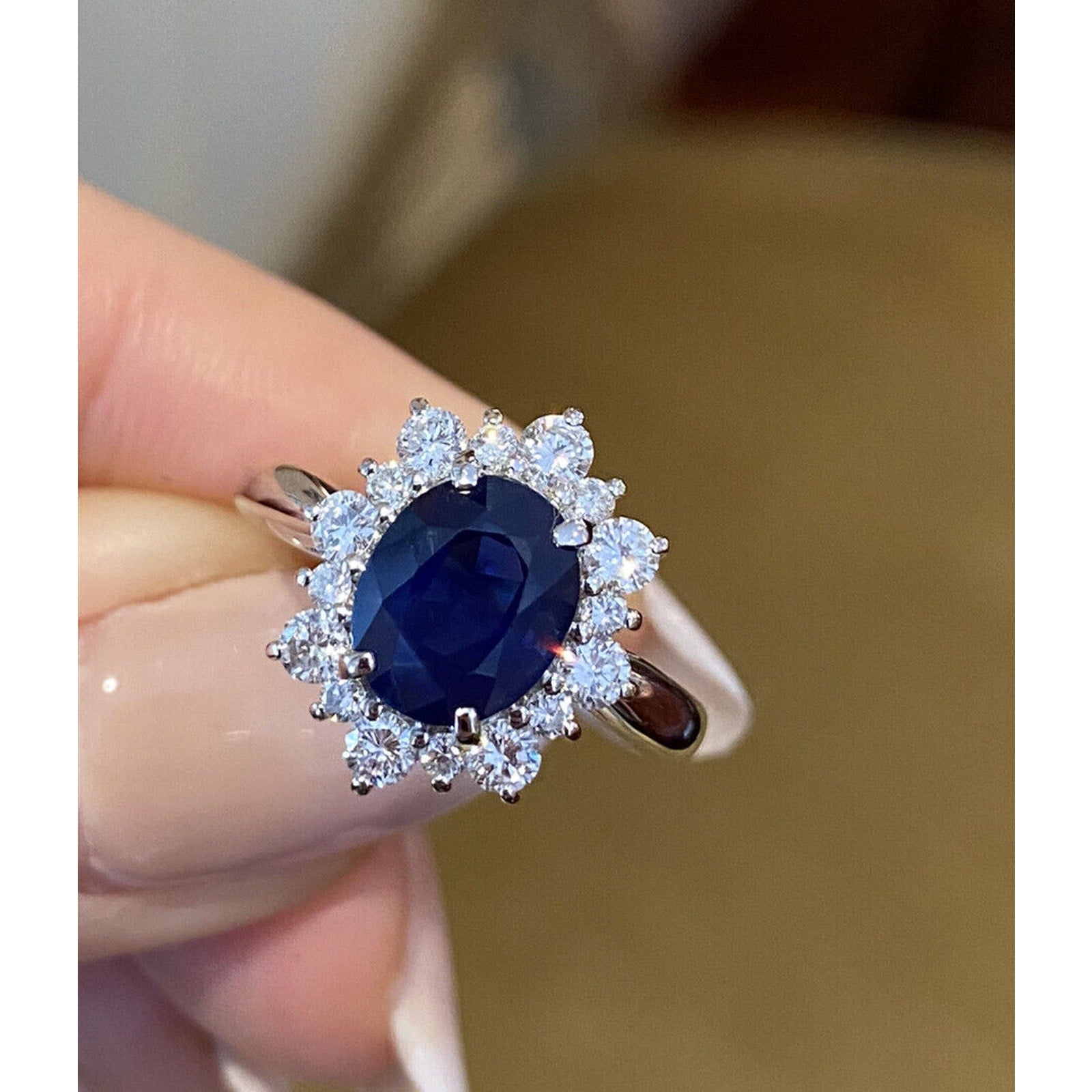 2.68 ct Dark Blue Oval Sapphire and Diamond Ring in Platinum