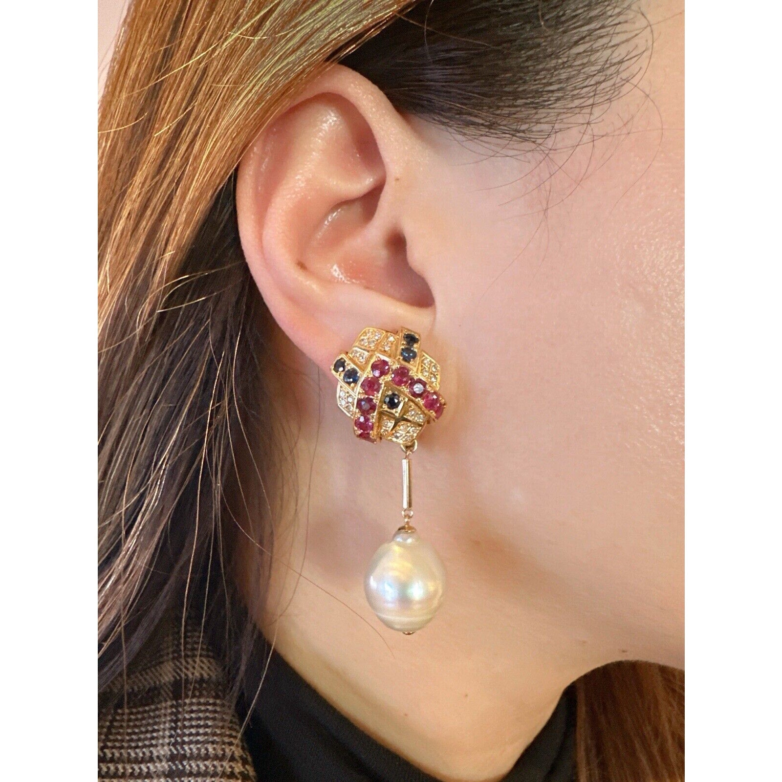 Ruby, Sapphire, Diamond & Pearl Drop Earrings in 18k Yellow Gold