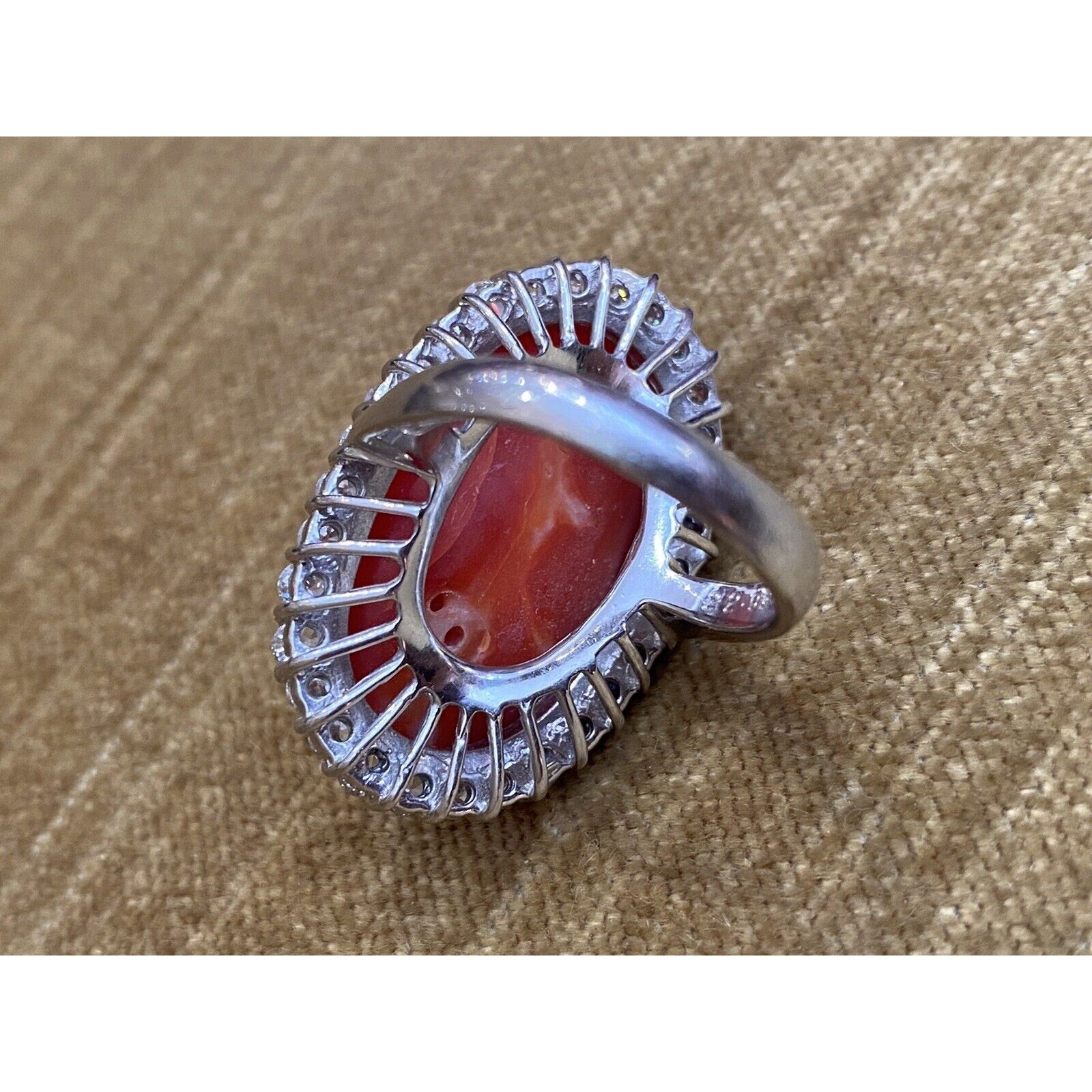 Estate 22.95 cts Red Coral and Diamond Large Cocktail Ring in Platinum -HM2318AA