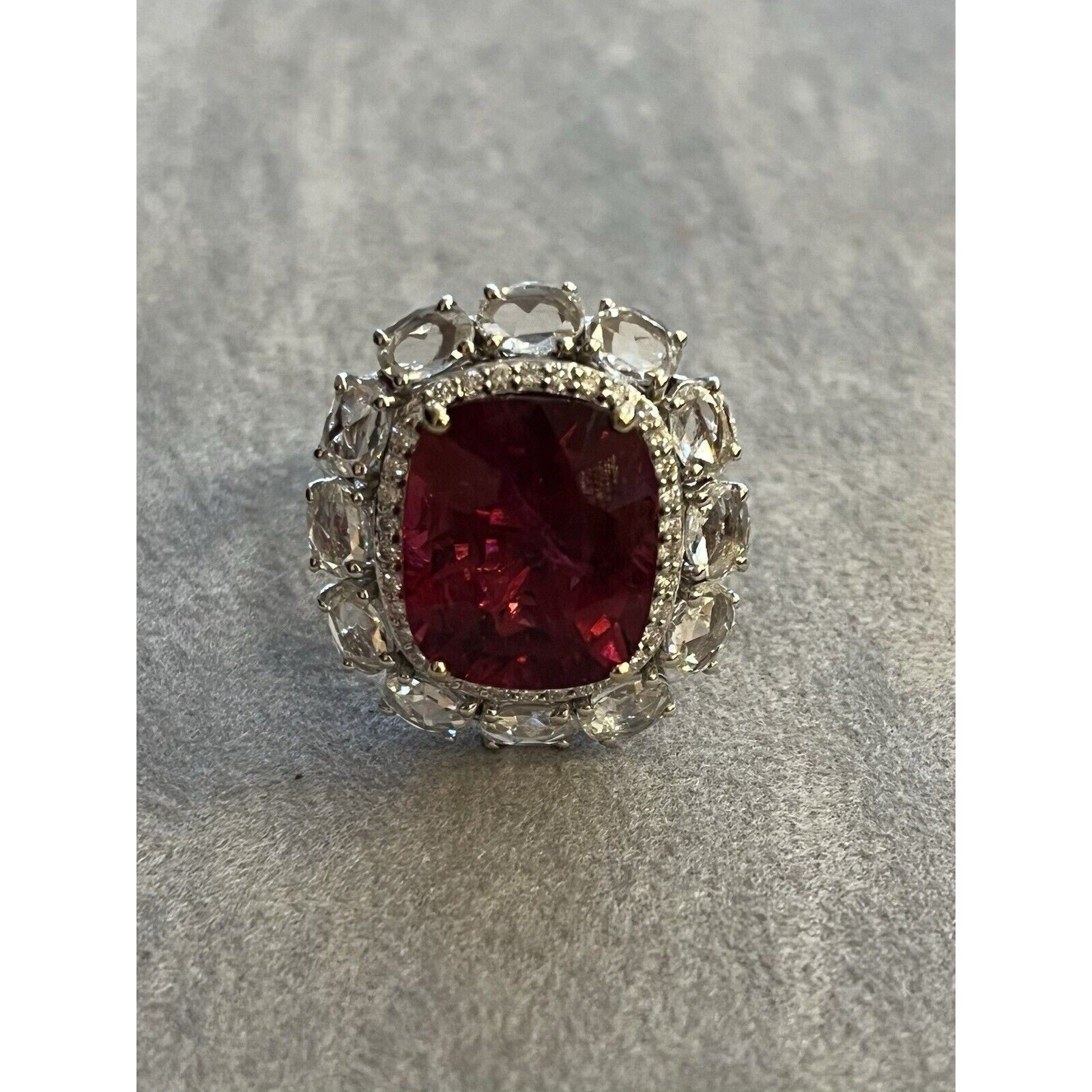 Natural Rubellite and Diamond Ring in 18k White Gold