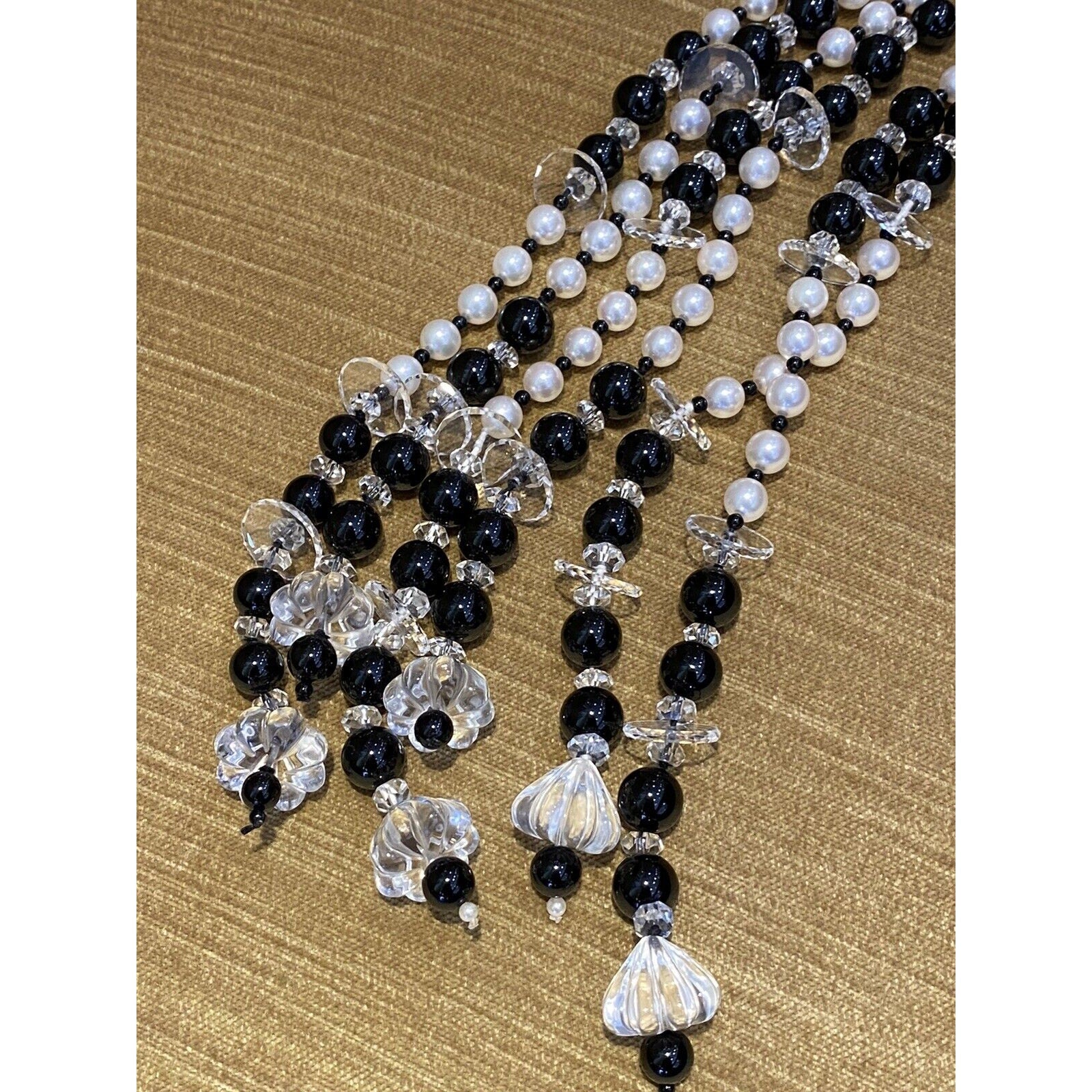 50" Multi-strand Pearl and Onyx Tassel Necklace with 18k White Gold Diamond Bar