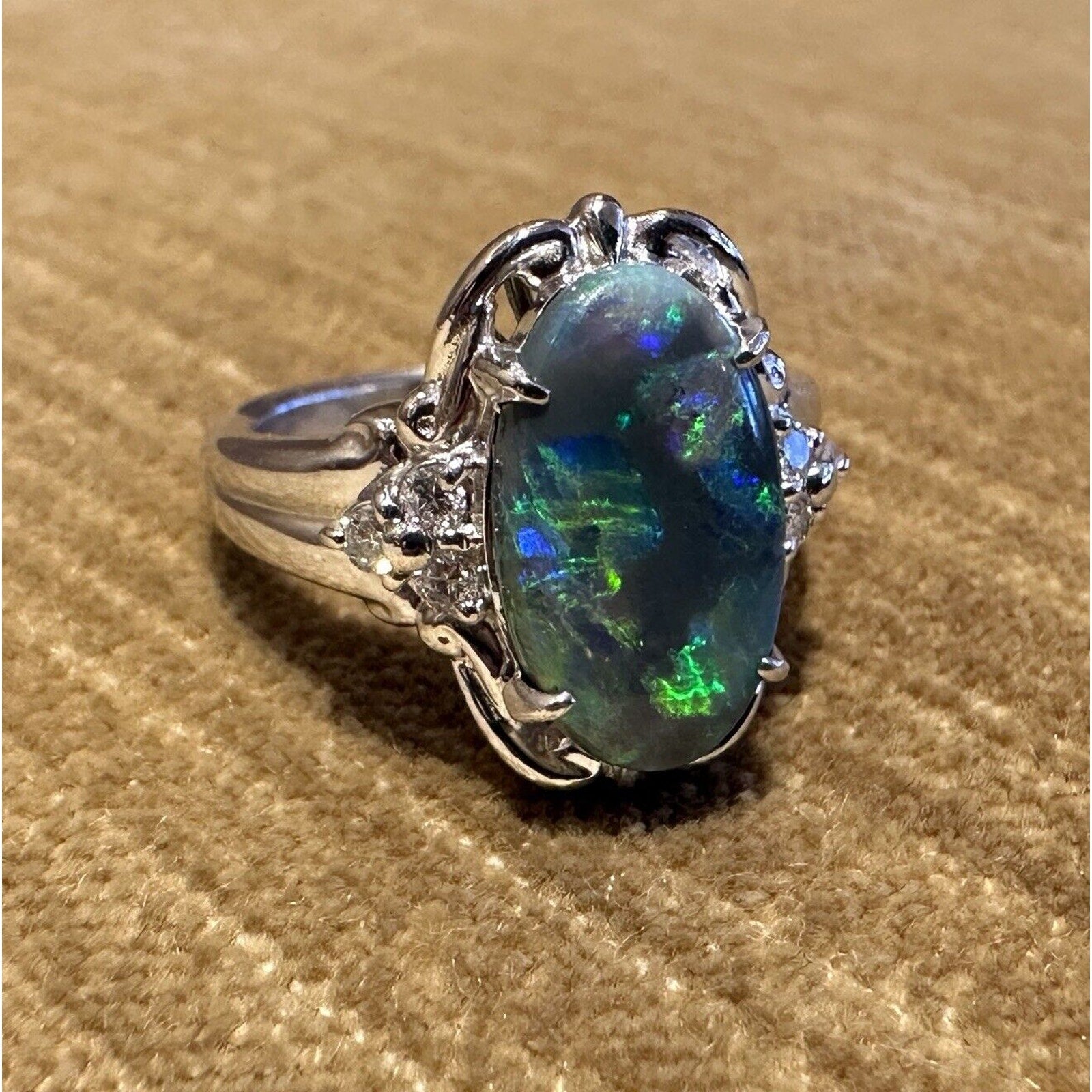 Natural Black Opal and Diamond Ring in Platinum