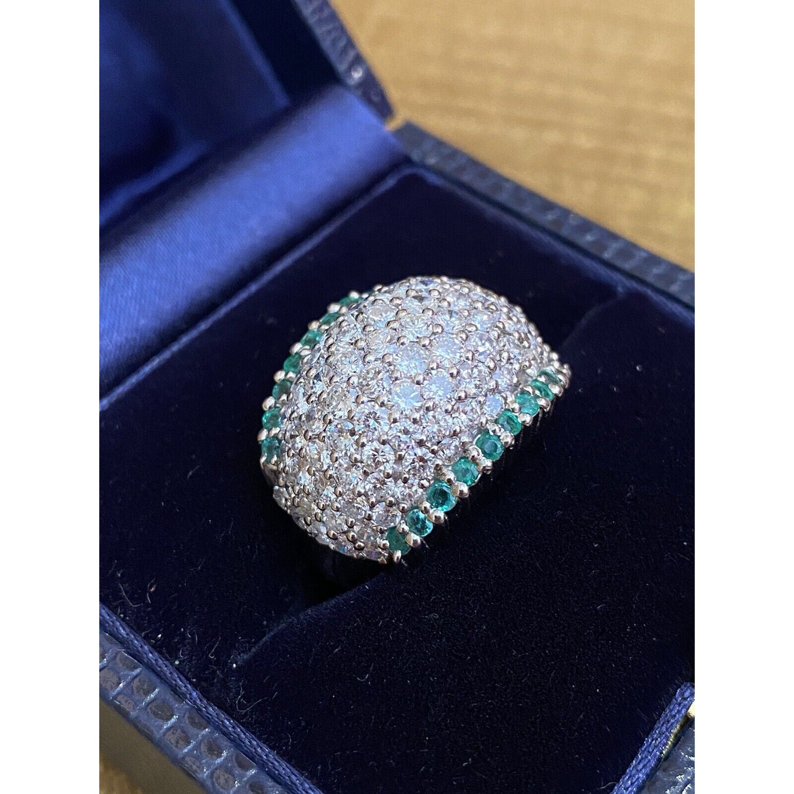 Estate Emerald & Diamond Wide Pave Dome Ring in Platinum