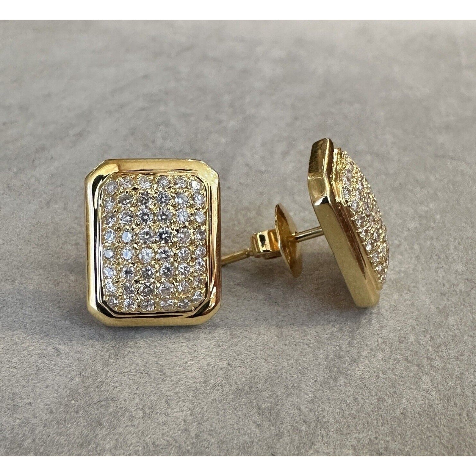 Pave Diamond Rectangular Button Earrings 1.74 cttw in 18k Yellow Gold