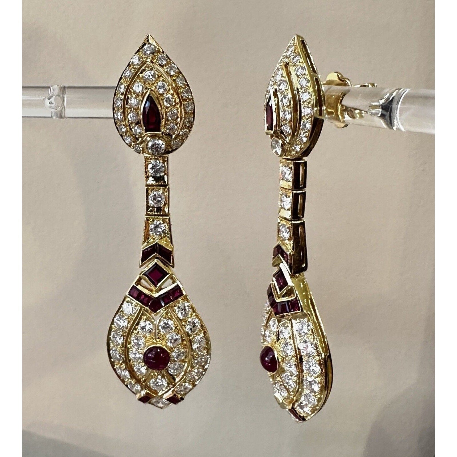 Ruby and Diamond Drop Earrings in 18k Yellow Gold