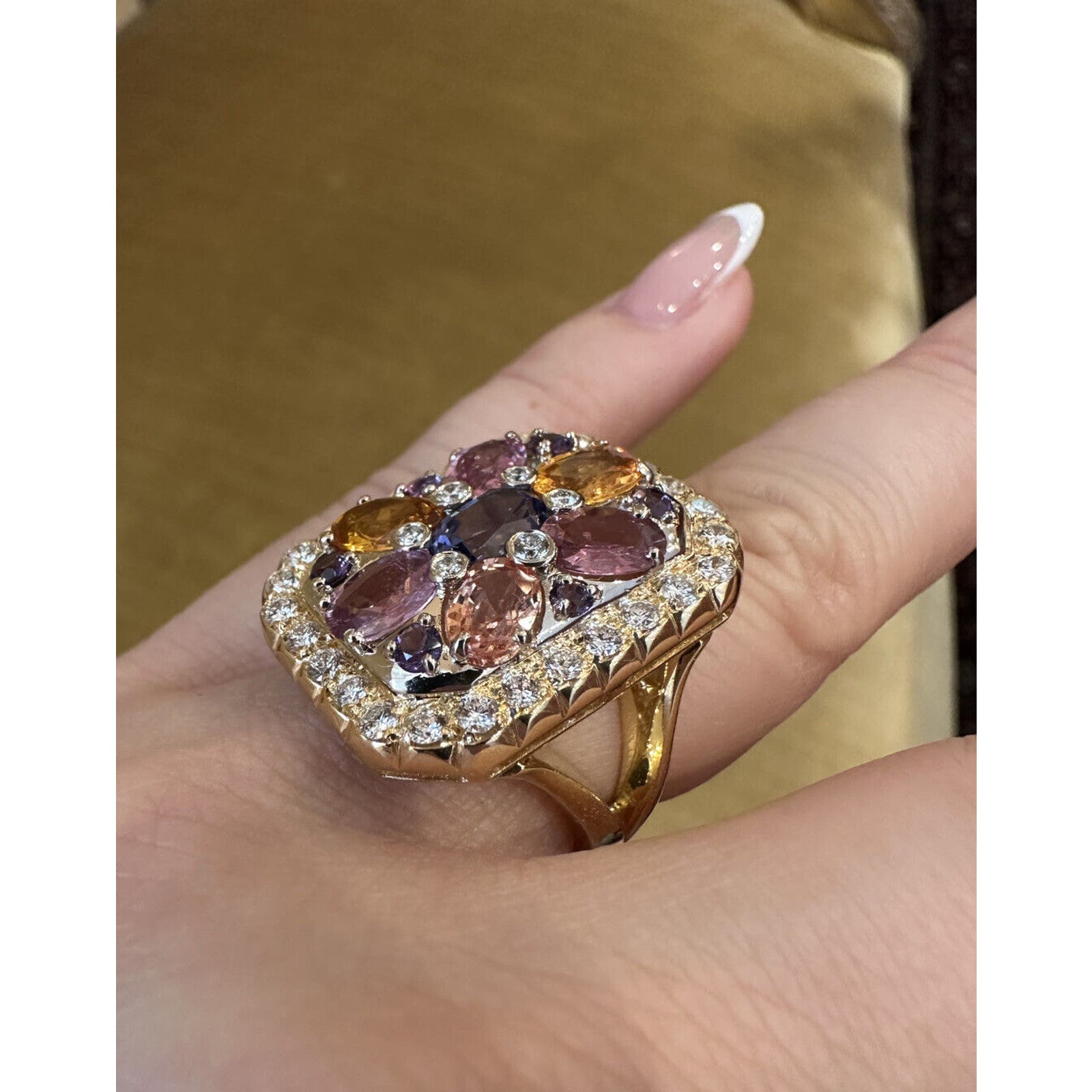 Multicolor Sapphire & Diamond Large Cocktail Ring in 18k Yellow Gold - HM2516BE