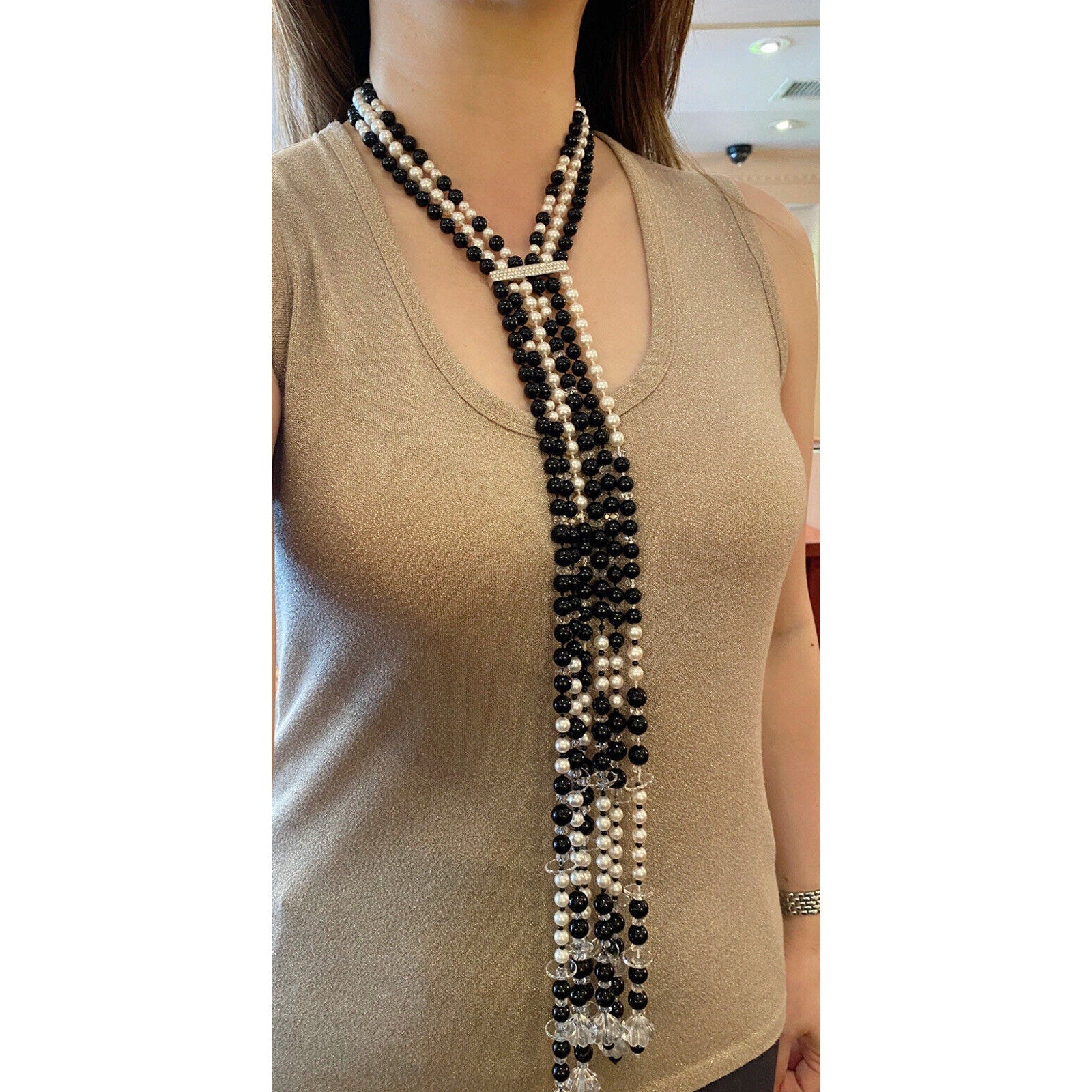 50" Multi-strand Pearl and Onyx Tassel Necklace with 18k White Gold Diamond Bar