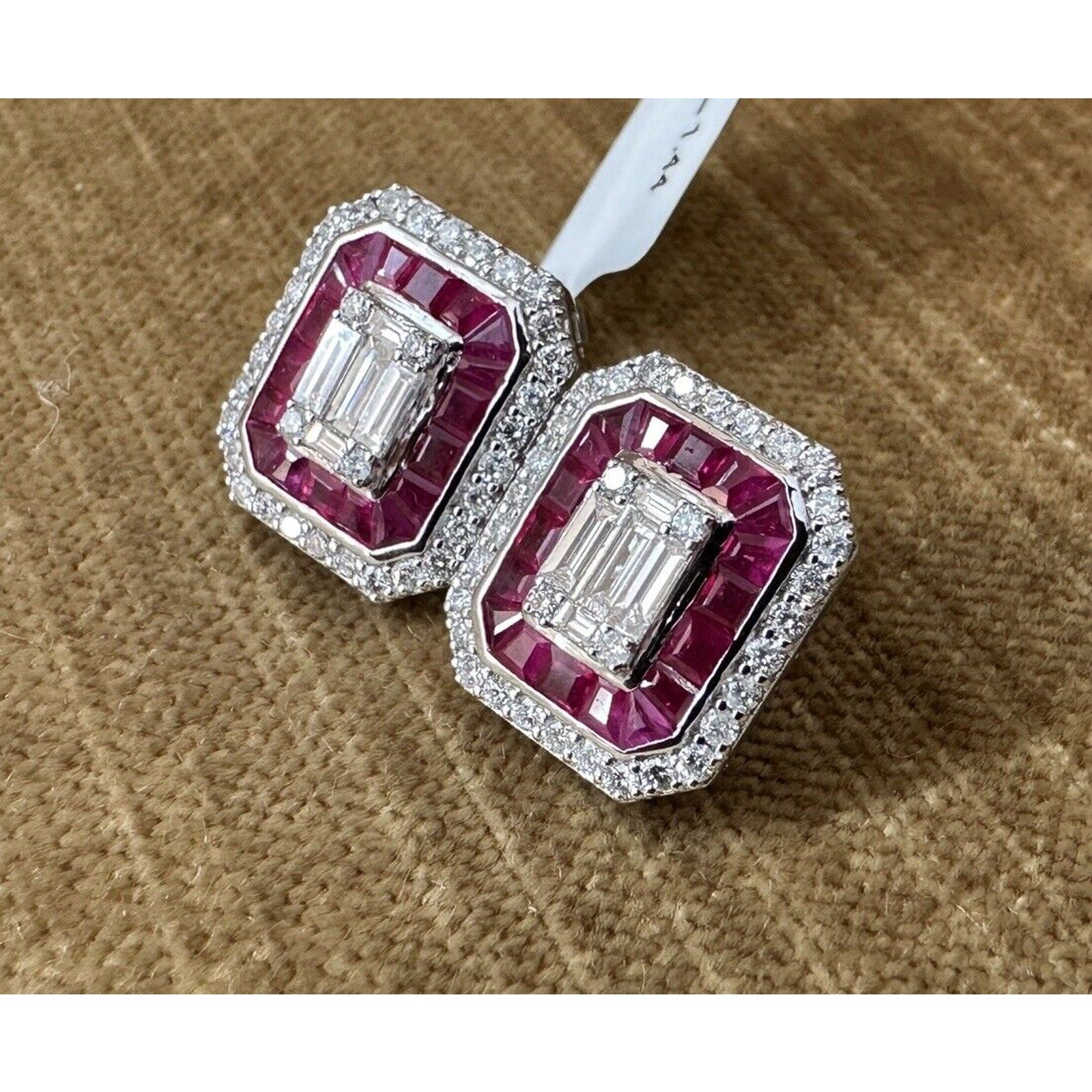 Ruby and Diamond Illusion set Earrings in 18k White Gold - HM2537AB