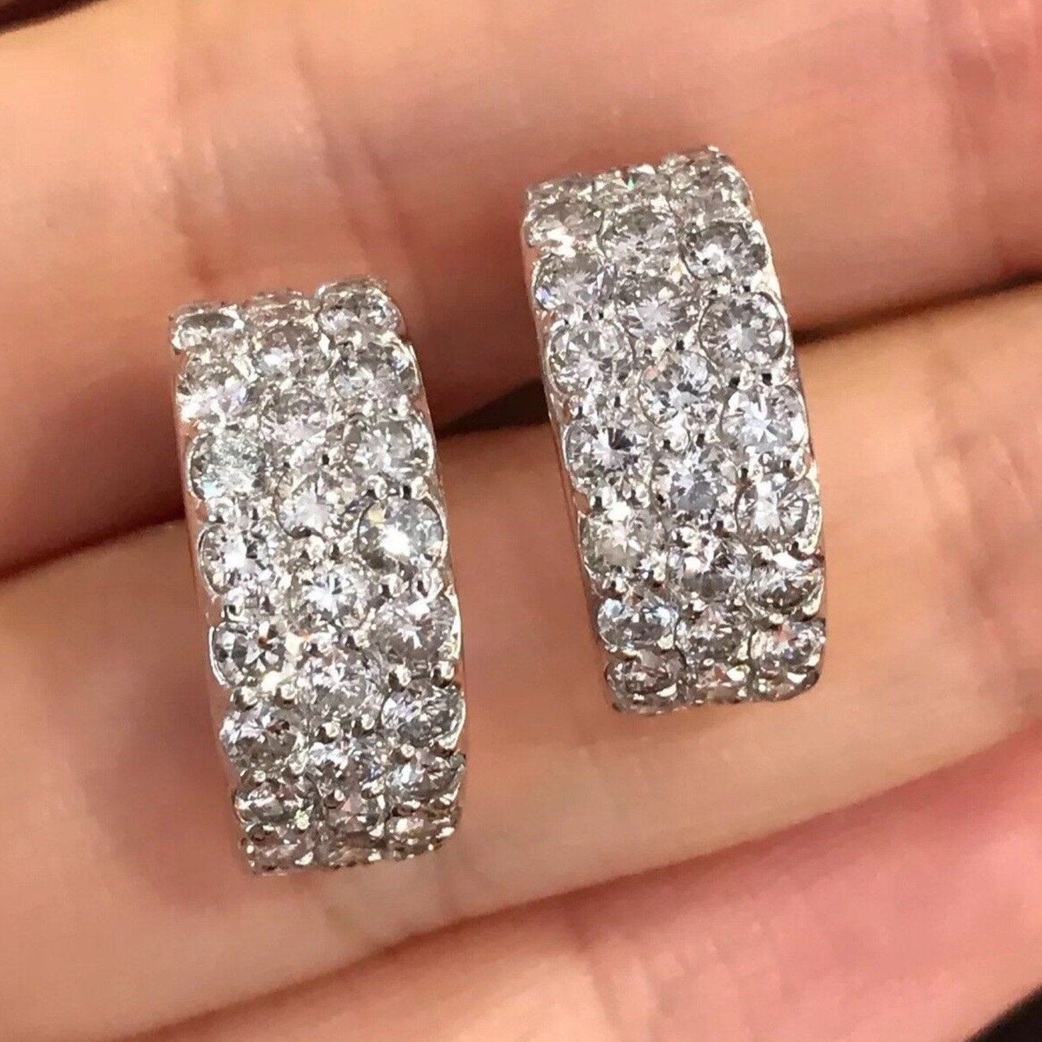 4.00 cttw Three-Row Pave Diamond Half Hoop Earrings Platinum