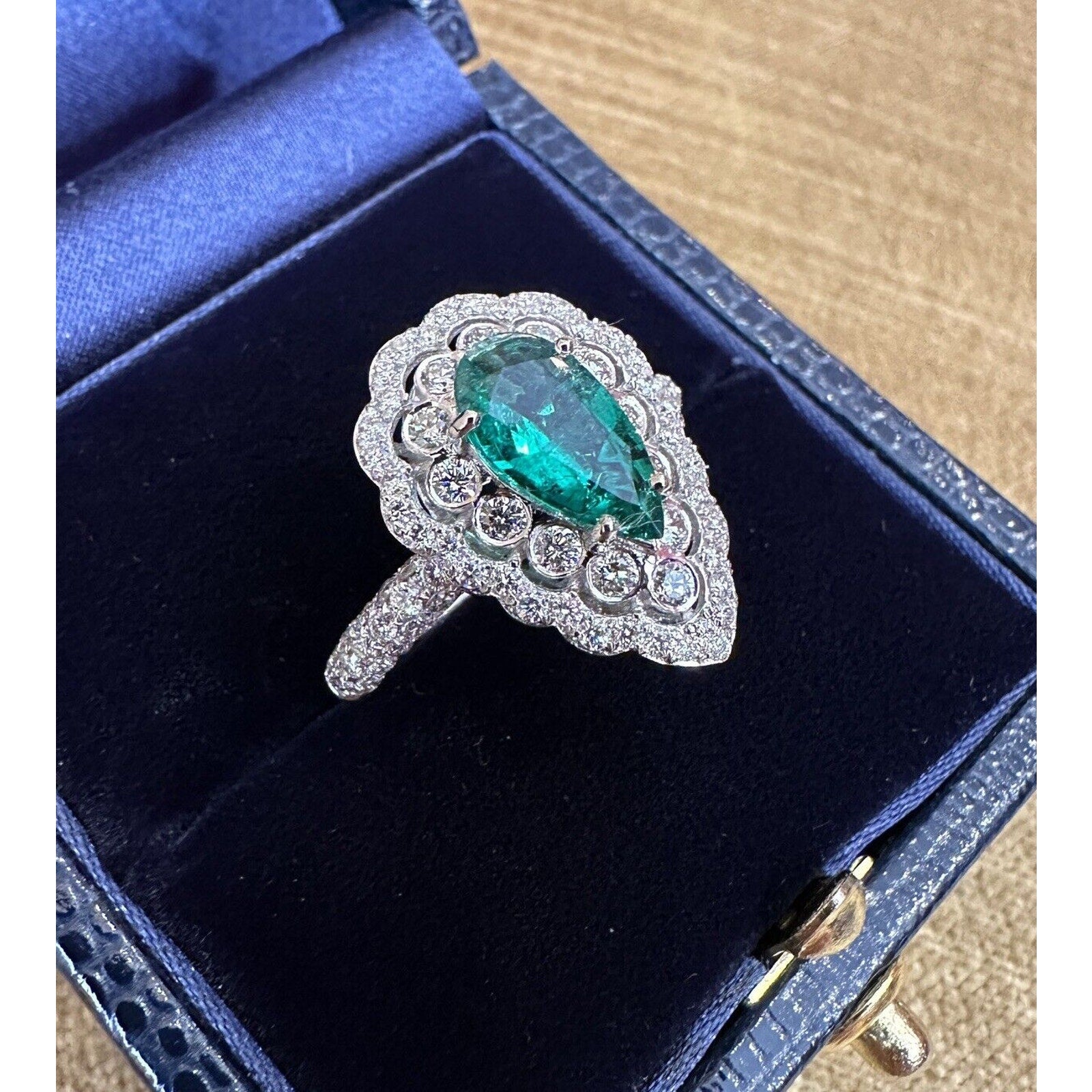 Pear Shaped Emerald and Diamond Ring in 18k White Gold - HM2560B