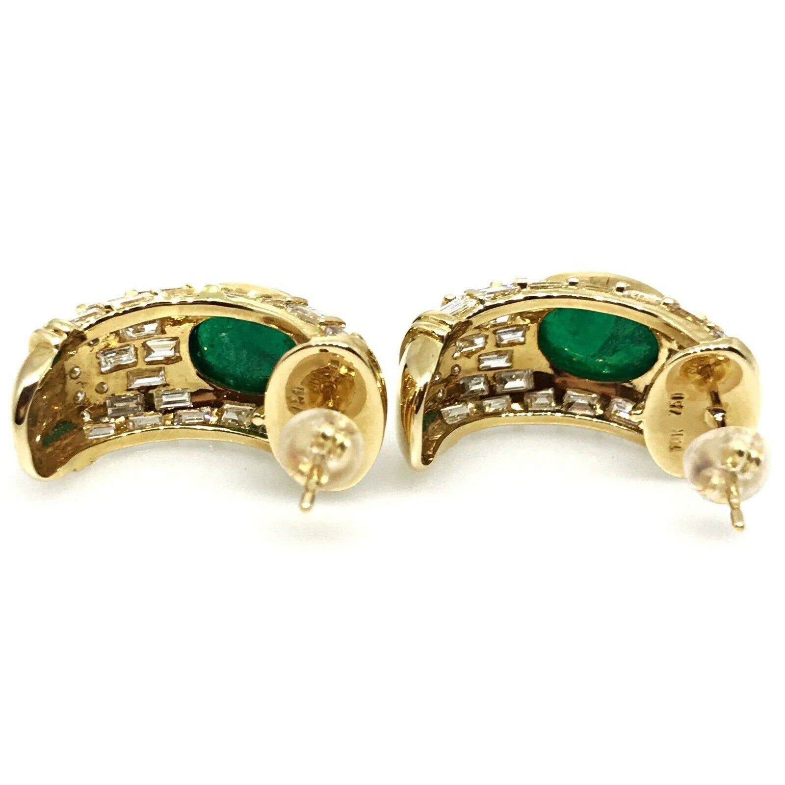 Estate Emerald and Diamond Half Hoop Earrings in 18k Yellow Gold