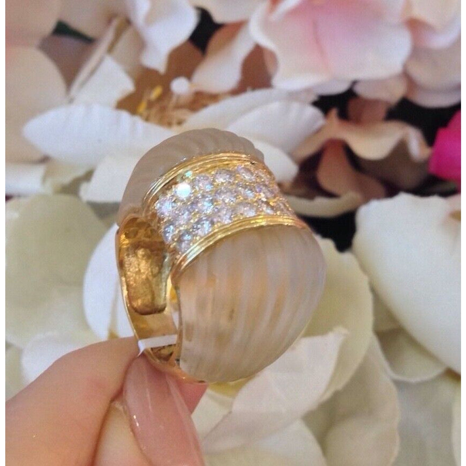 Diamond Pave Rock Quartz Dome Ring in 18k Yellow Gold