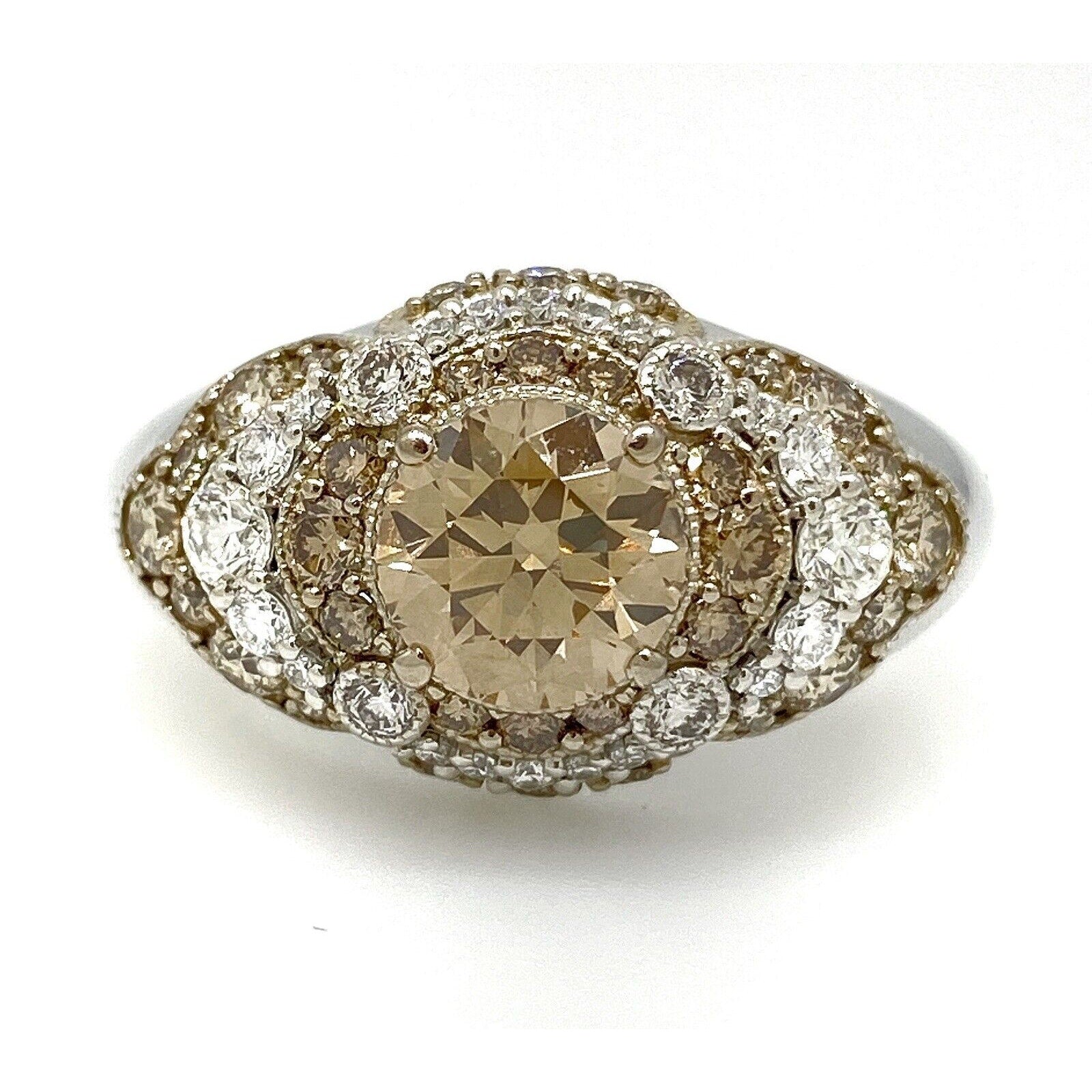 Champagne Diamond Solitaire Ring with Pave Diamonds in Platinum and 18k Gold