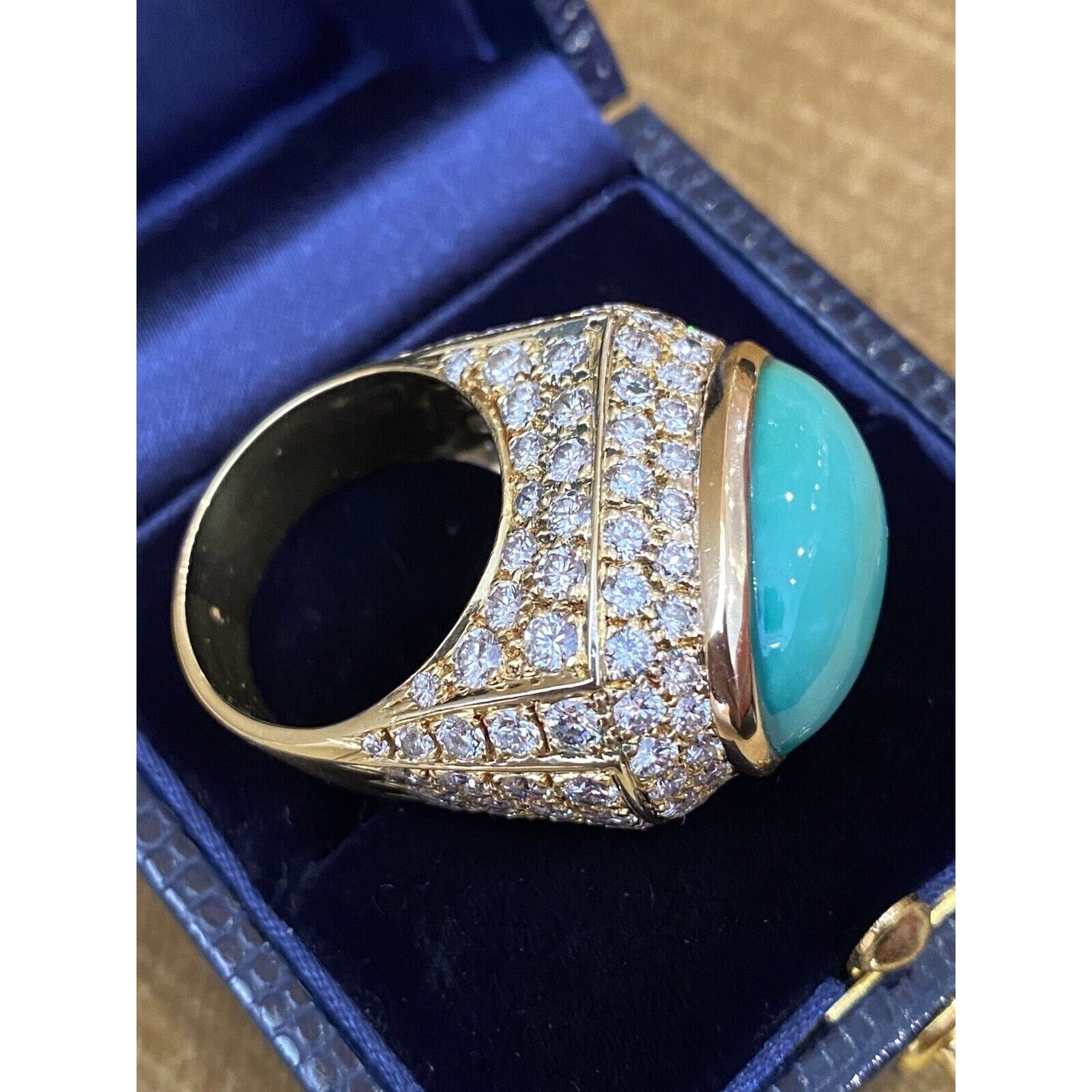 Large Estate Pave Diamond and Turquoise Dome Ring in 18k Yellow Gold - HM1799EE