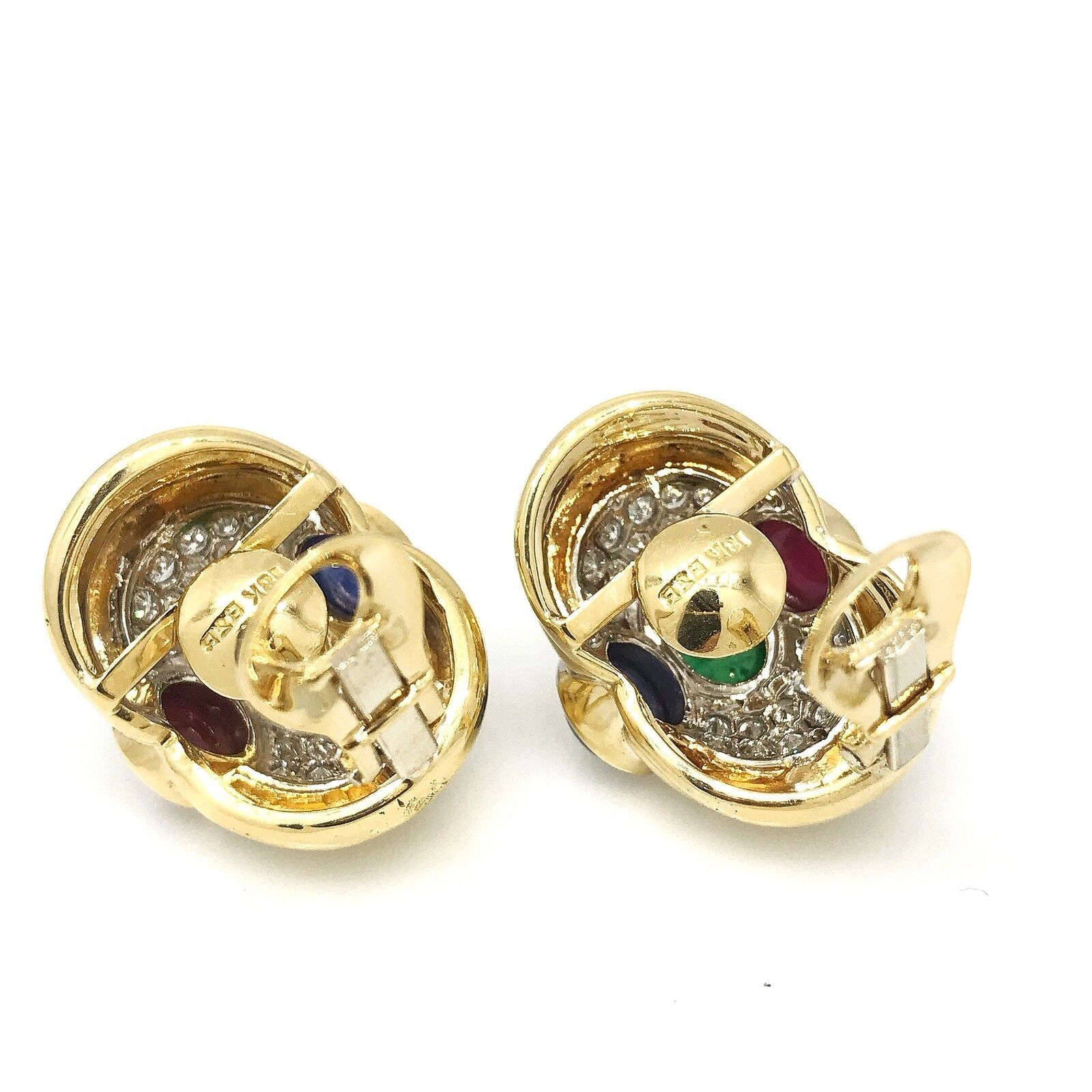 Estate Emerald Ruby and Sapphire Dome Button Earrings in 18k Yellow Gold
