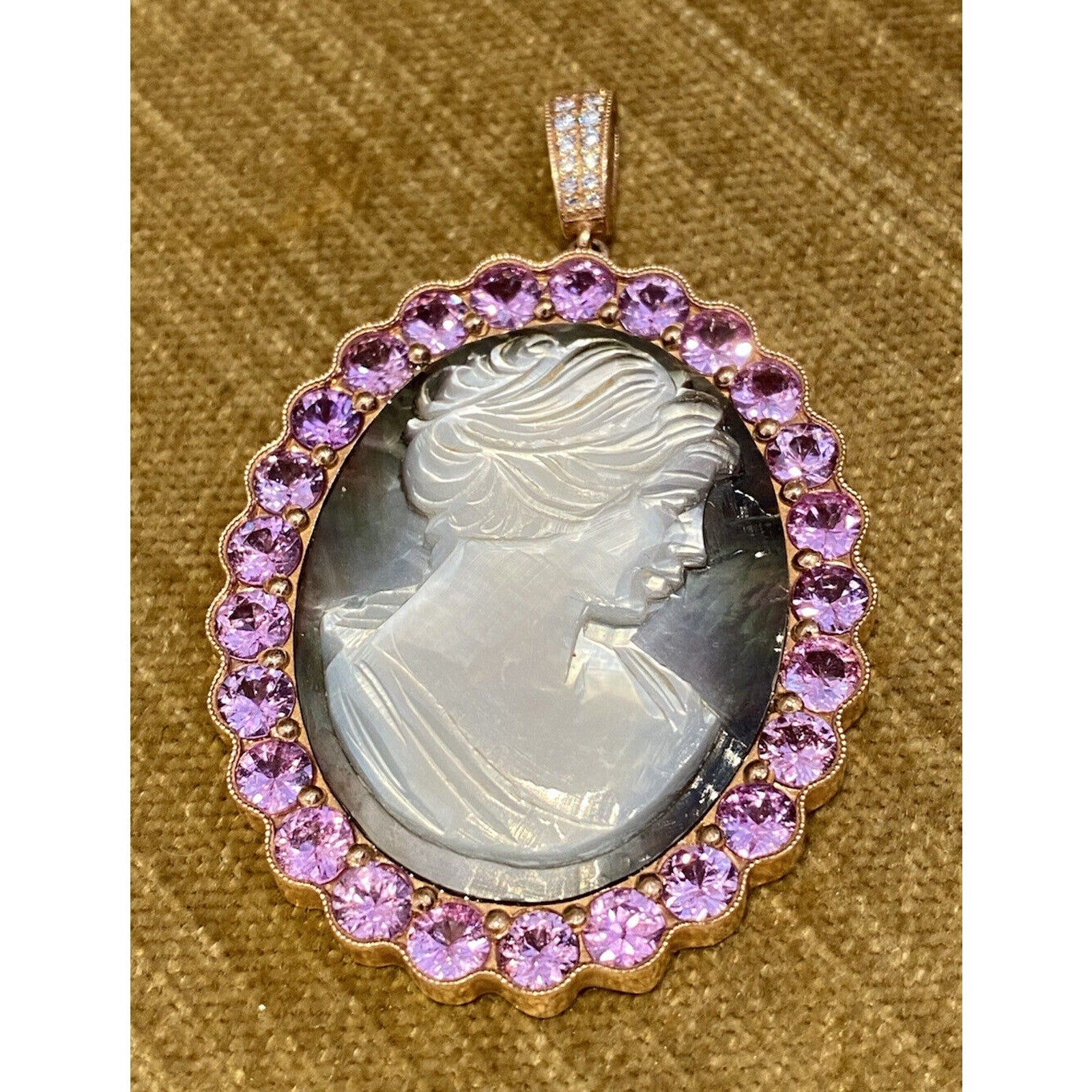 Mother of Pearl Cameo & Pink Sapphire Diamond Pendant in 14K Rose Gold