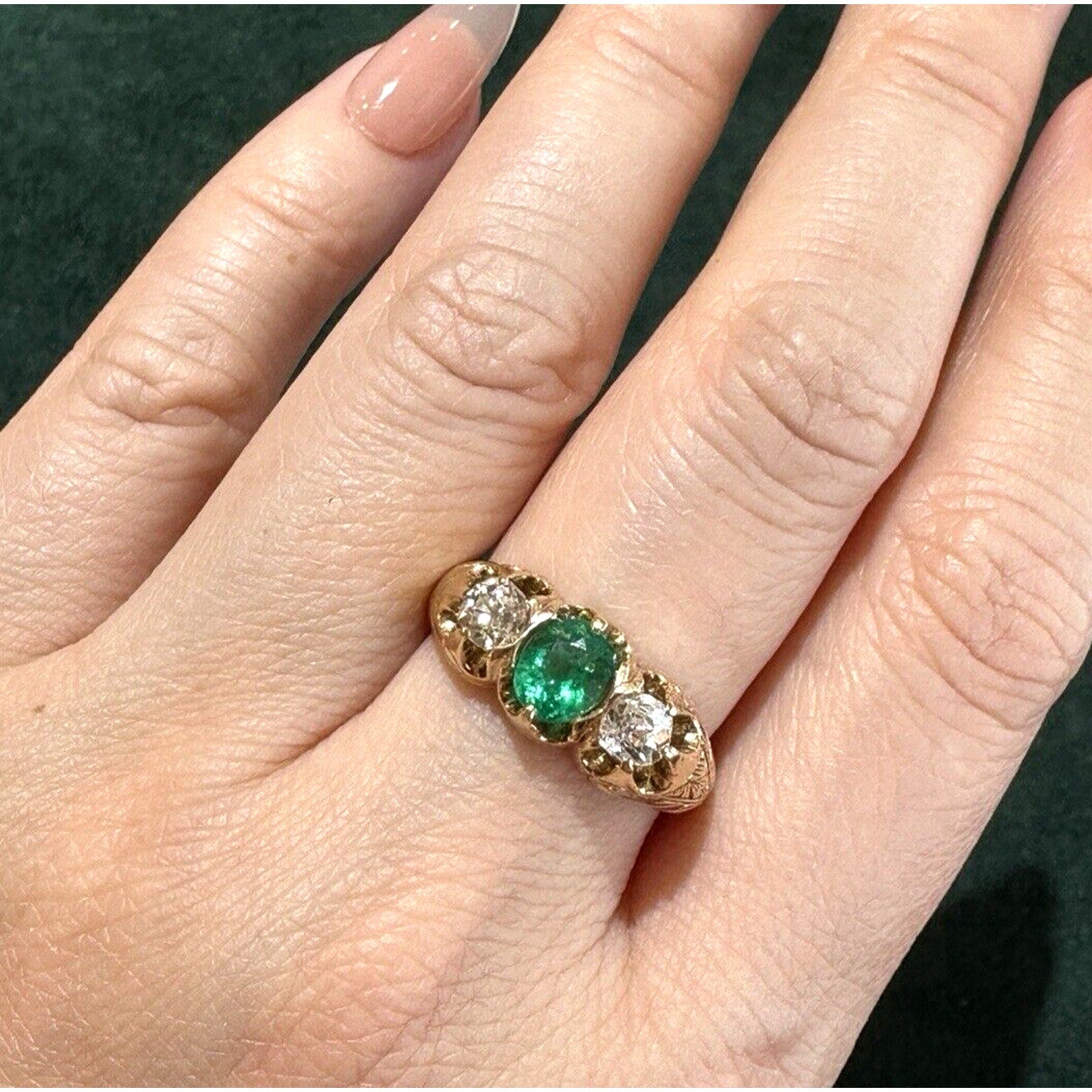 Estate Emerald & Diamond Three Stone Ring in 14k Yellow Gold