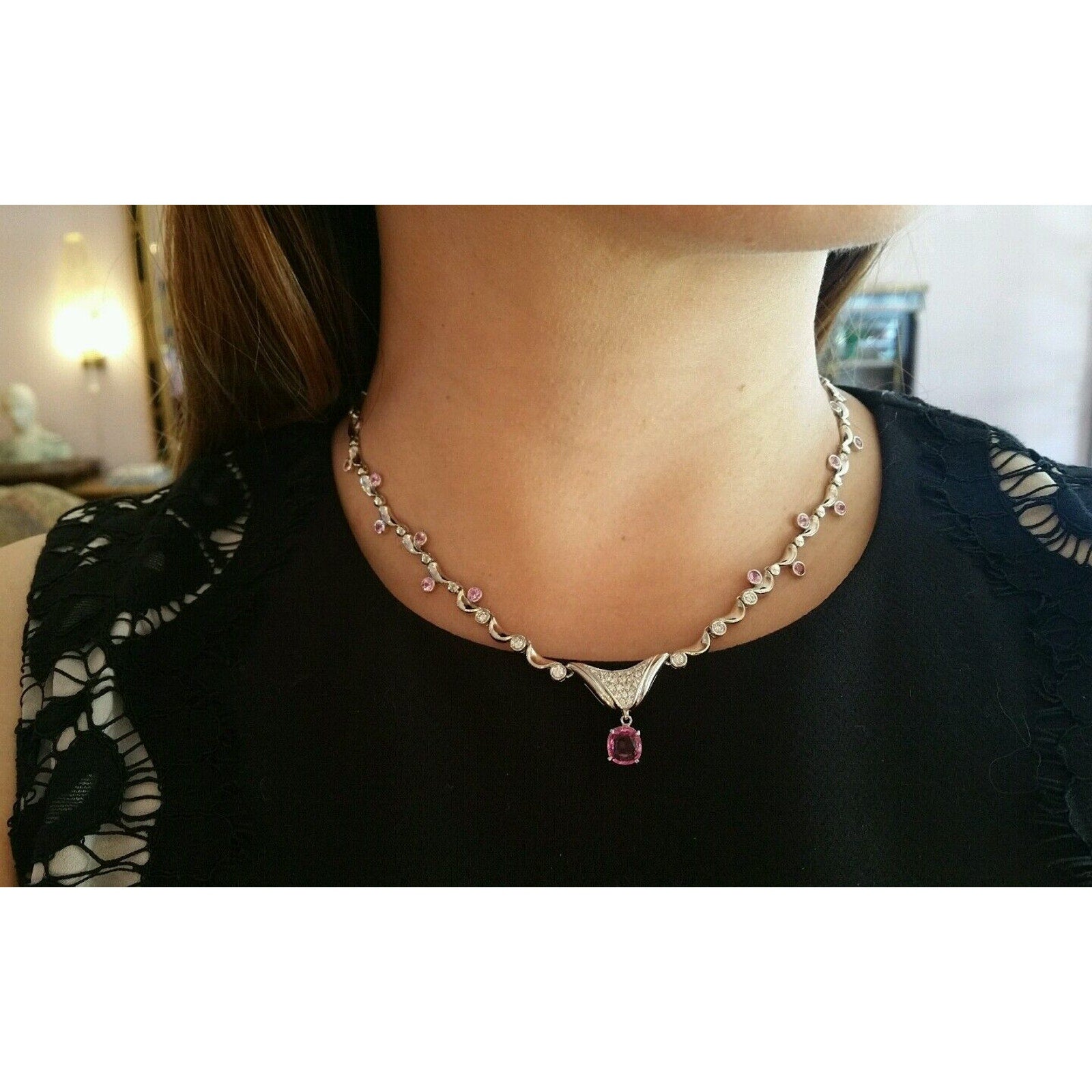 5.56 carat Pink Sapphire and Diamond Pendant Necklace in Platinum