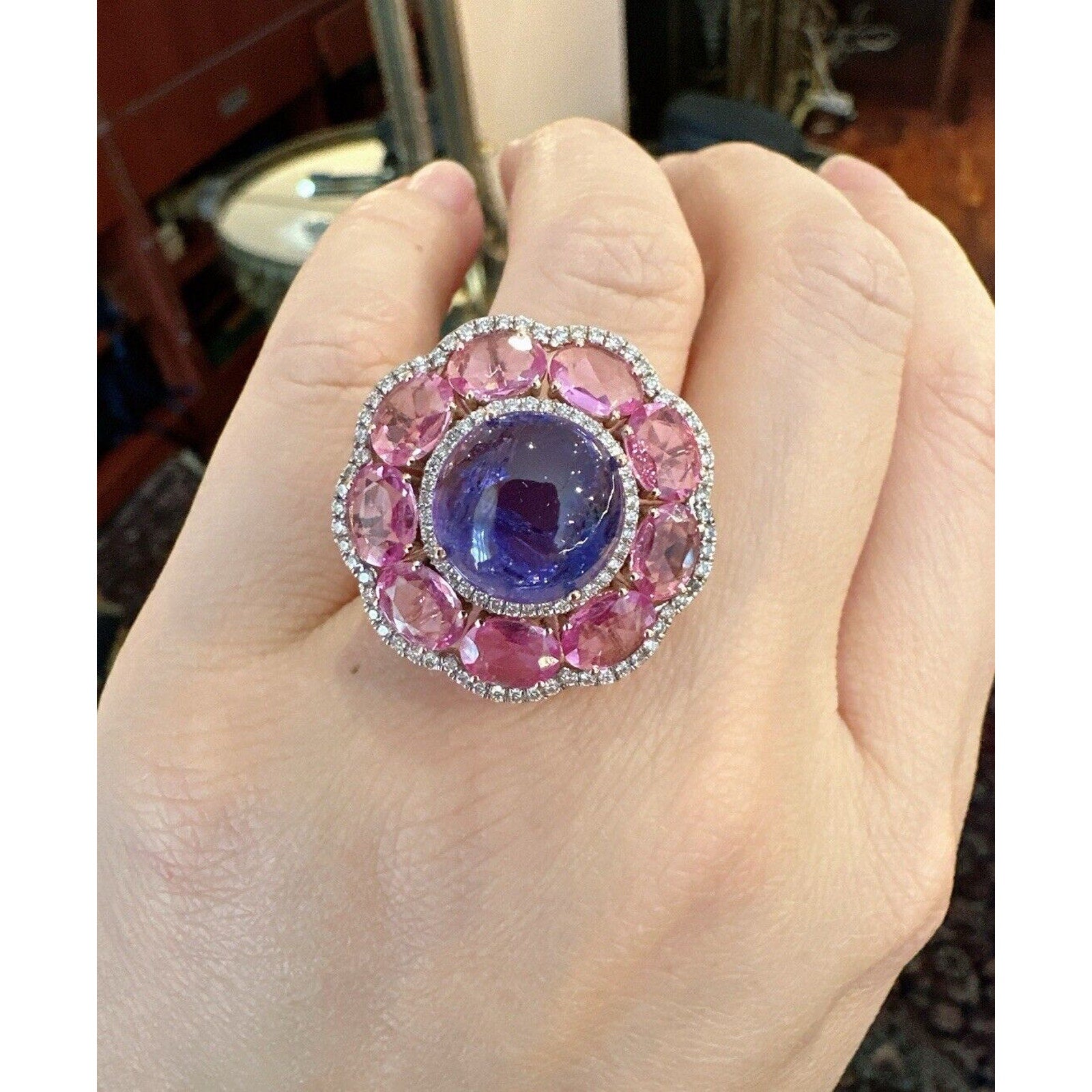 Tanzanite, Pink Sapphire & Diamond Cocktail Ring in 14k Rose Gold