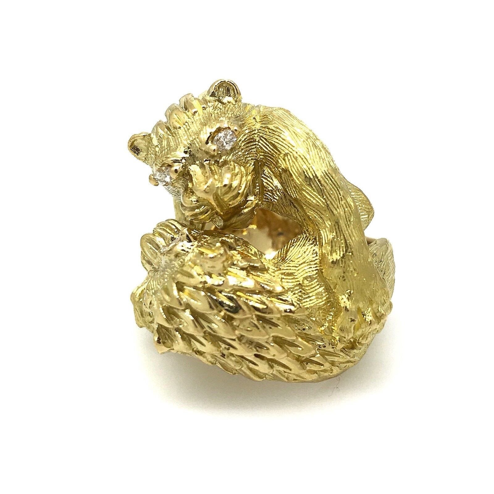 FRENCH Double Lion Heavy Textured Ring with Diamonds in 18k Yellow Gold