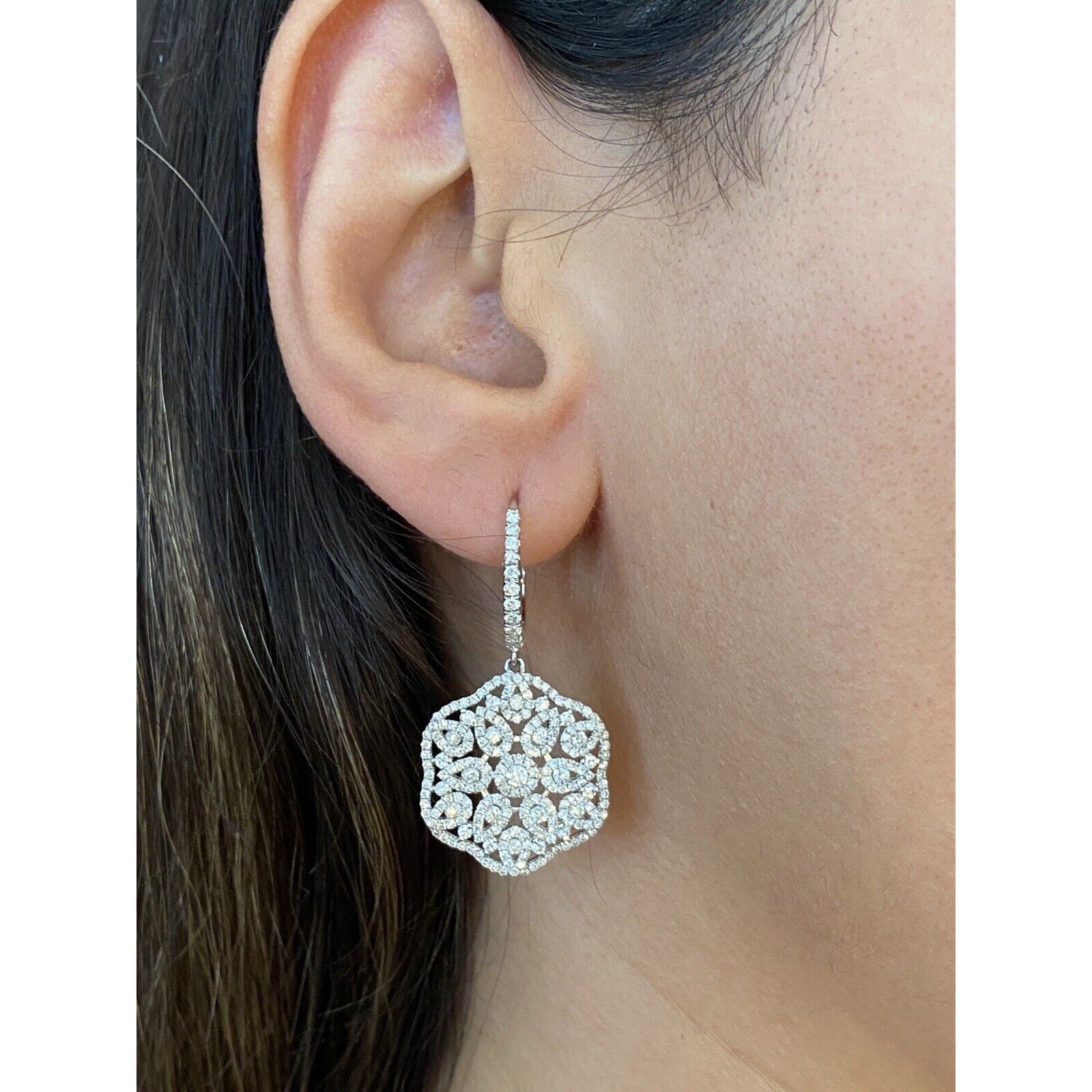 Diamond Floral Dangle/Drop Earrings 2.45 cttw in 18k White Gold