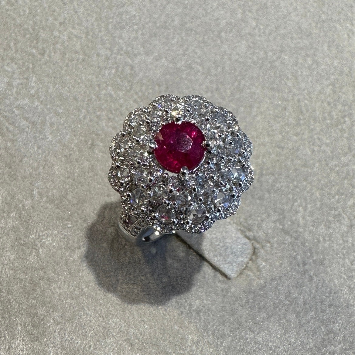 Natural Ruby and Diamond Flower Cluster Ring in 18k White Gold