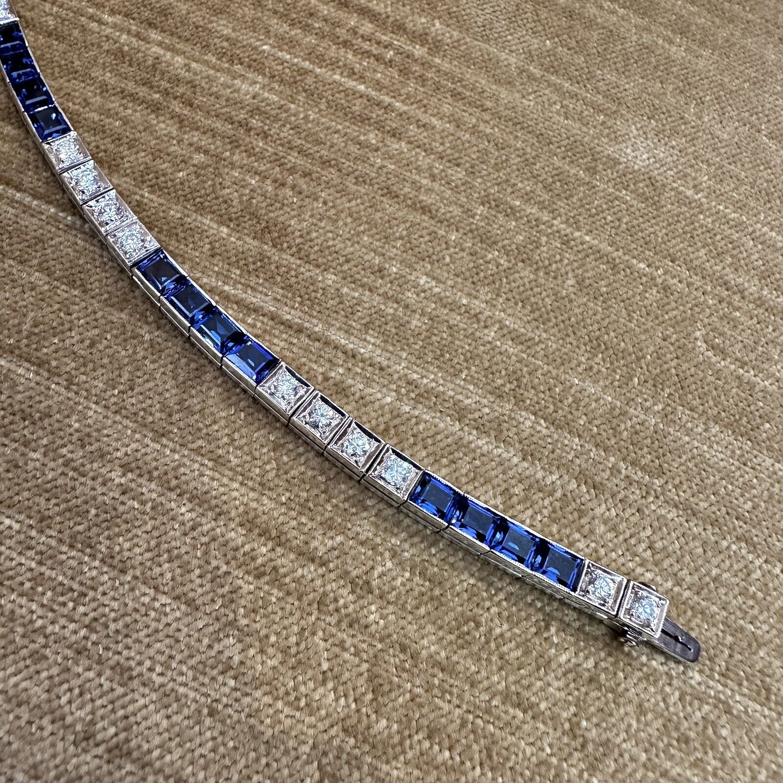 Vintage Diamond and Synthetic Sapphire Line Bracelet in 14k White Gold