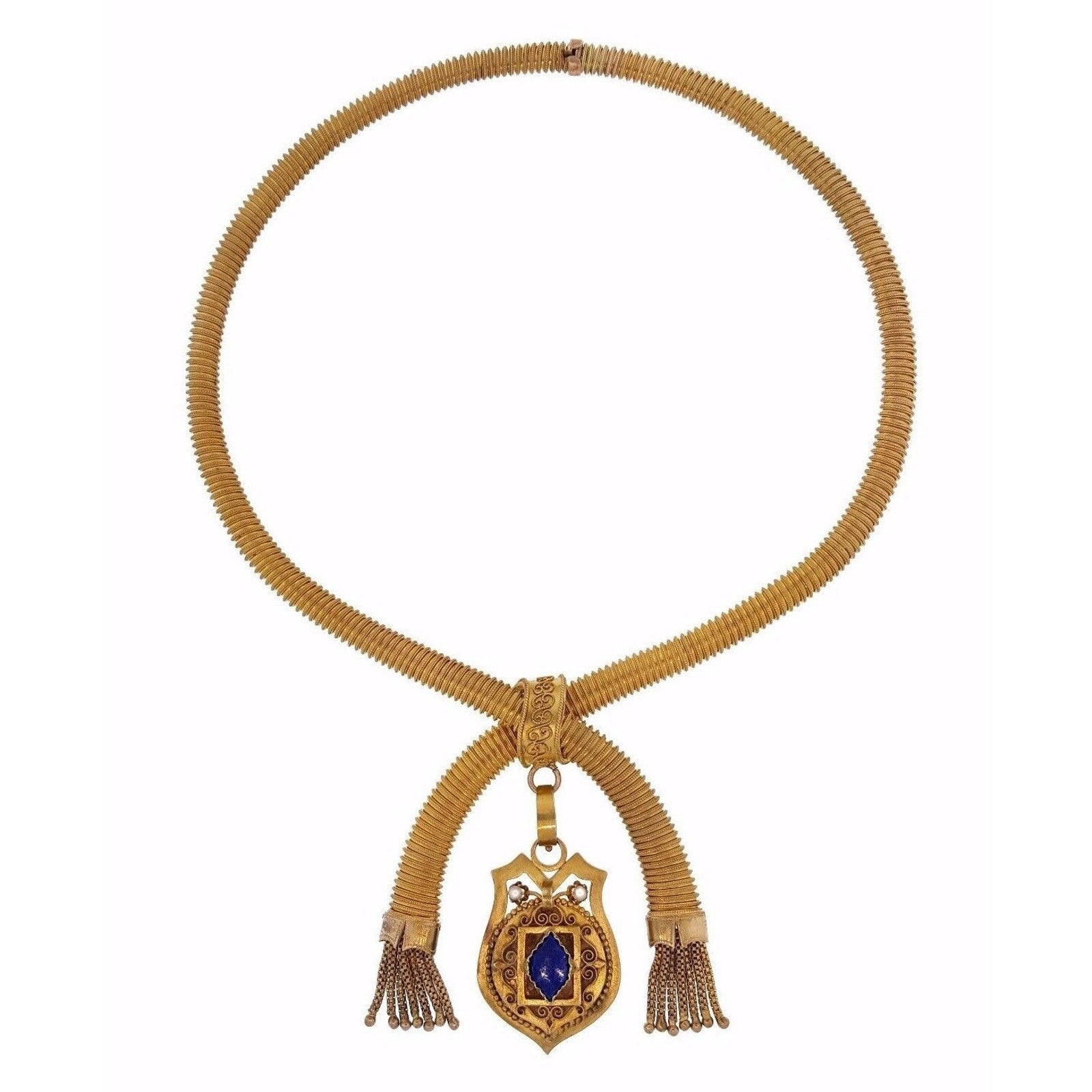 Victorian Coil Style Necklace with Tassel and Locket in 14k and 18k