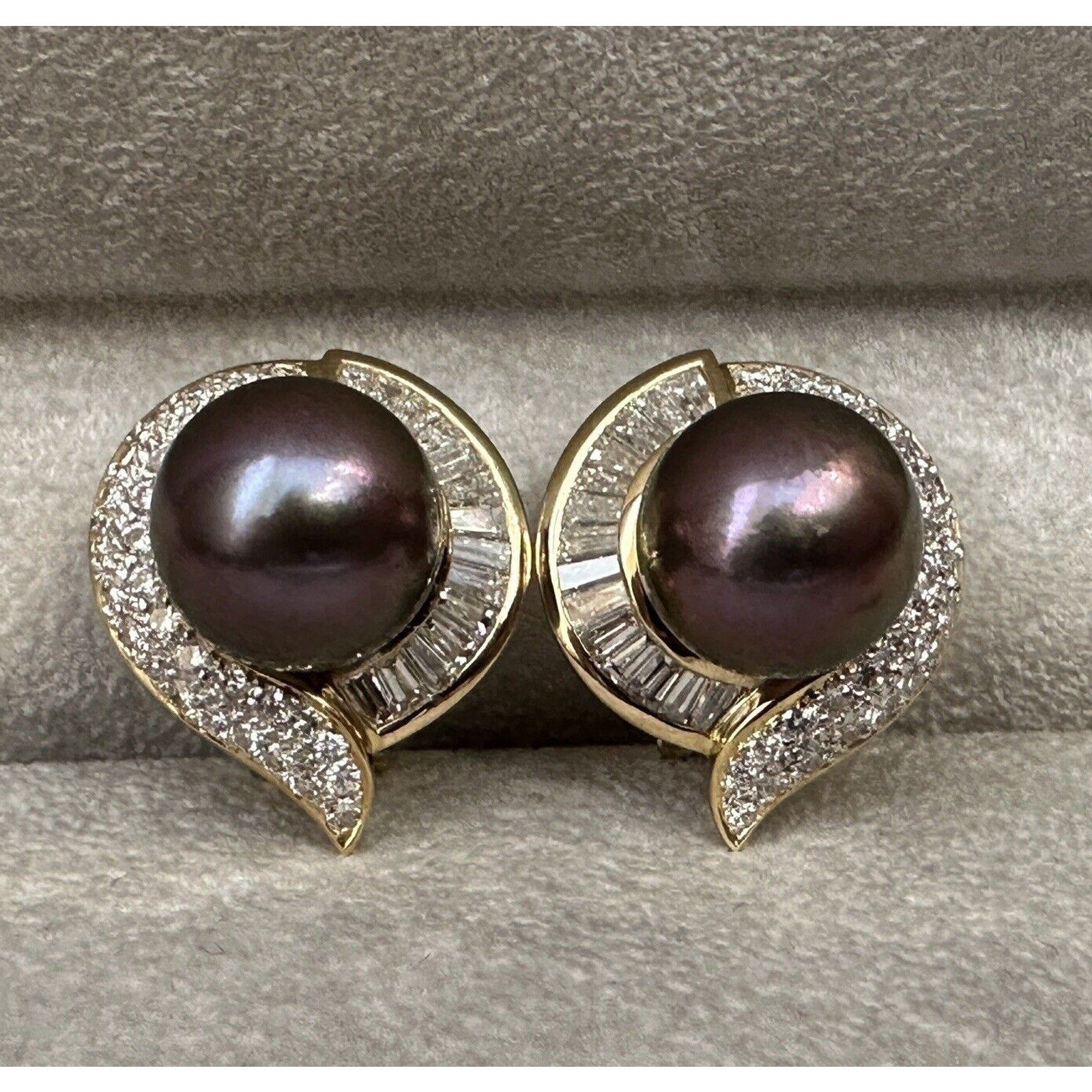 Black South Sea Pearl and Diamond Earrings in 18k Yellow Gold-HM2564AN