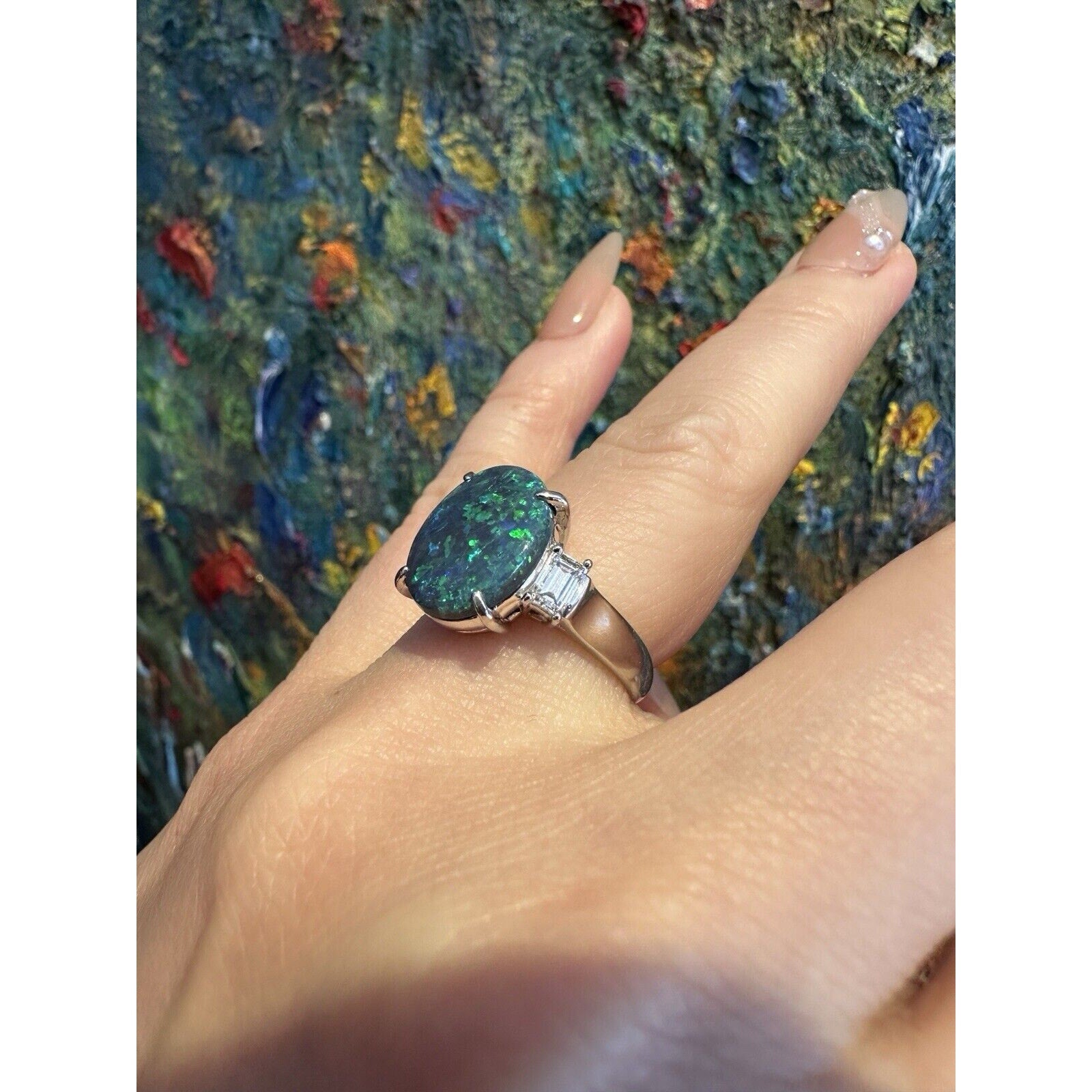 GIA 3.59 ct Black Opal & Diamond 3-stone Ring in Platinum