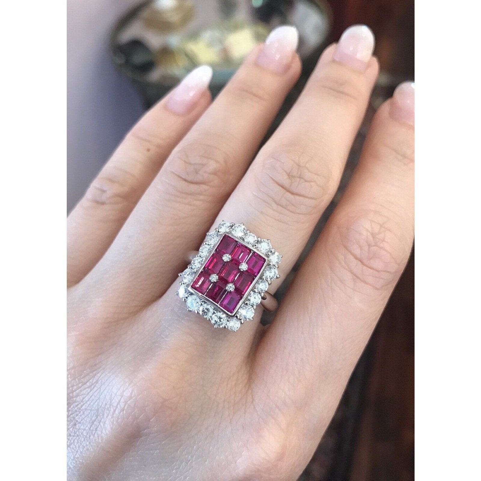 3.21 carats Ruby Baguette and Round Diamond Ring in Platinum