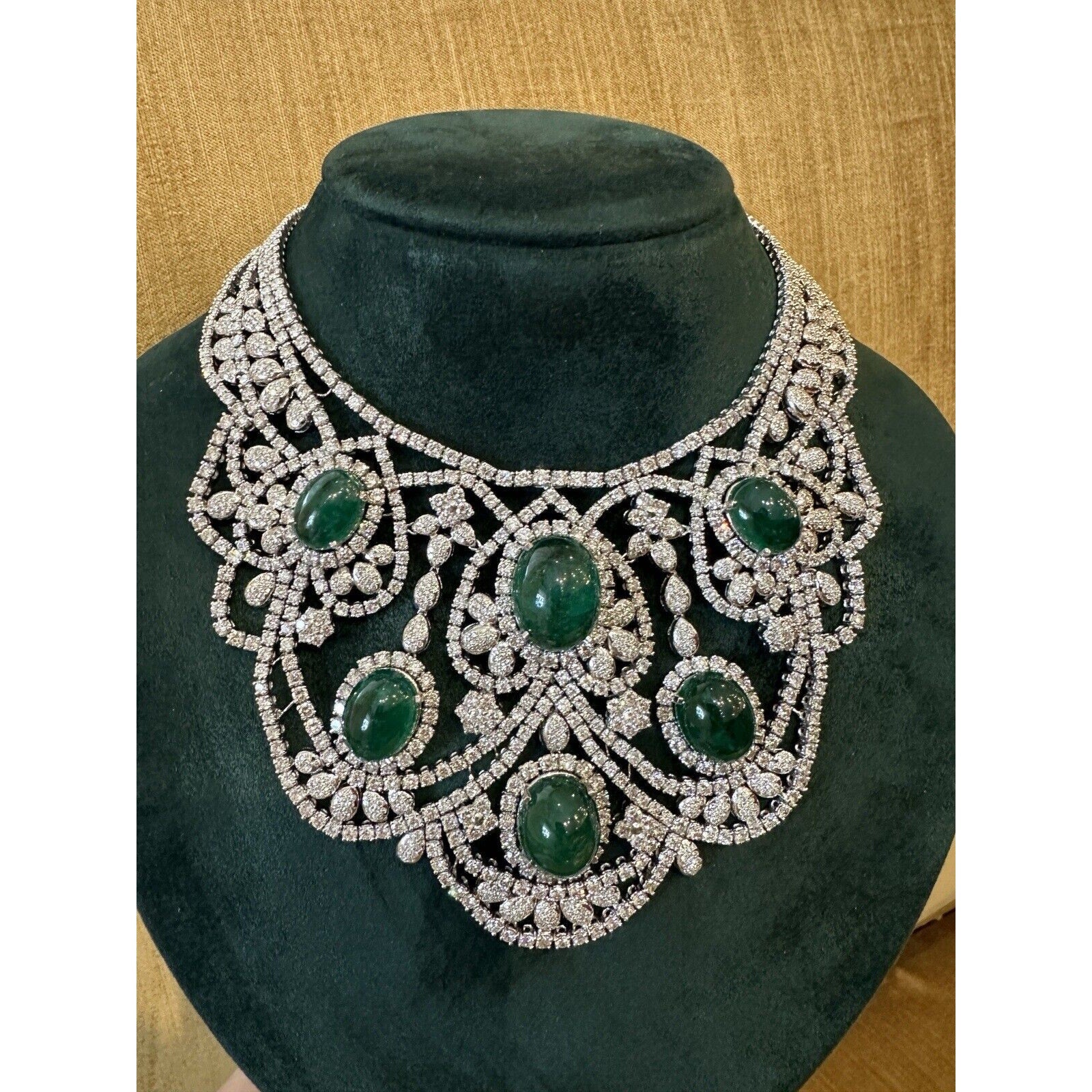 Diamond and Emerald Cabochon Bib Collar Necklace in 18k White Gold