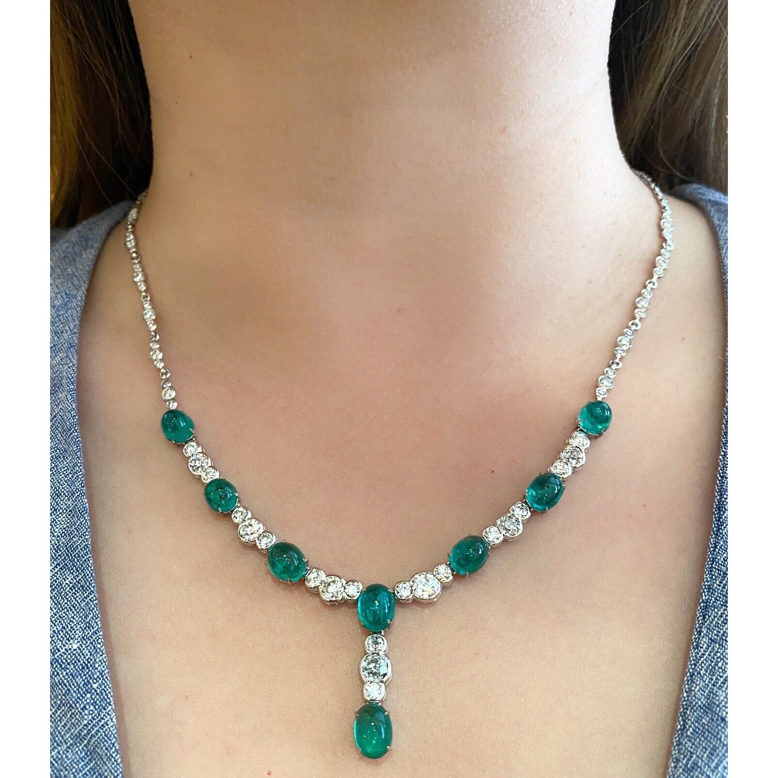Cabochon Emerald and Old Cut Diamond Y-Drop Necklace in 18k White Gold-HM2383