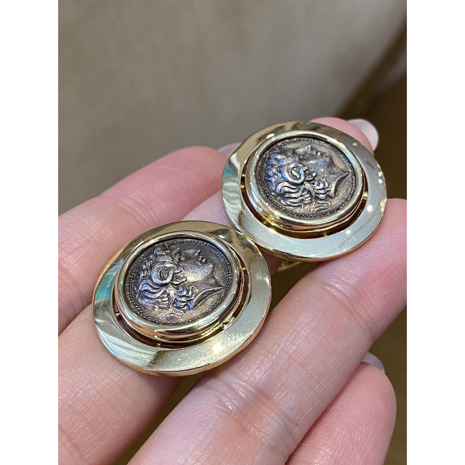 Vintage Large Ancient Coin Button Earrings in 18k Yellow Gold