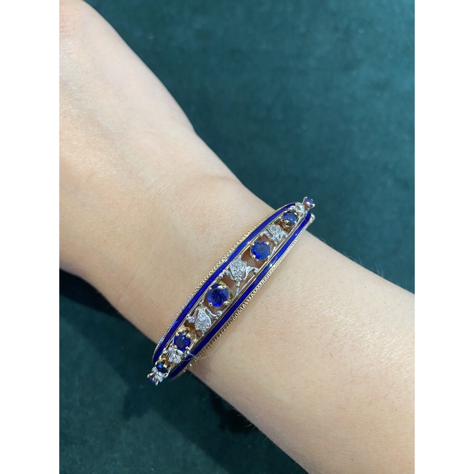 Vintage Diamond, Sapphire and Enamel Bangle Bracelet in 14k Gold