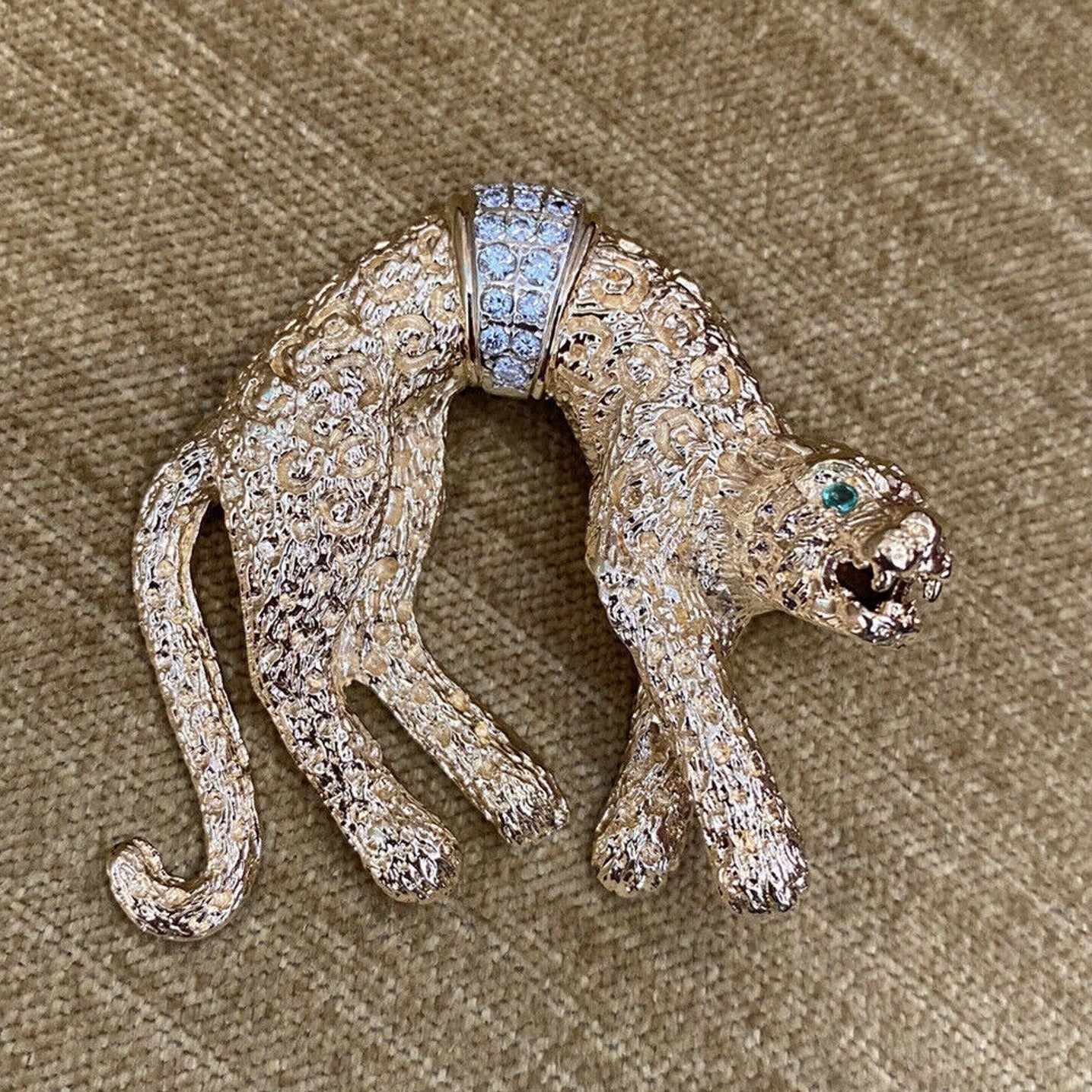 Large Hanging Panther Pin Brooch with Diamonds in 14k Yellow Gold