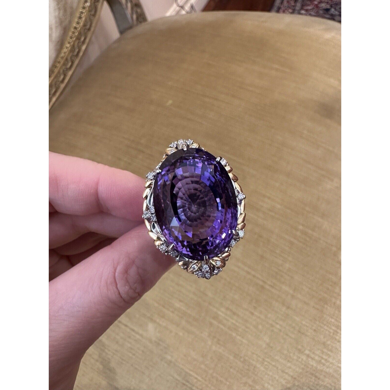 Large Oval Amethyst Ring 62.33 ct with Diamonds in Platinum and Gold