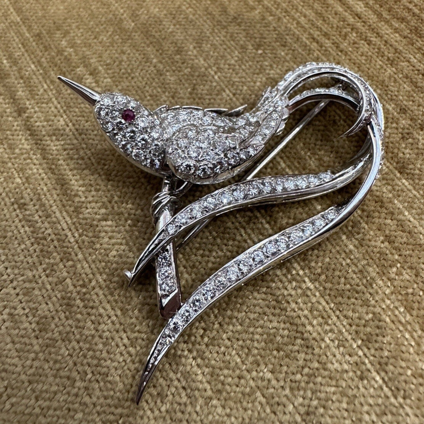 Estate 2.50 cttw Diamond Bird Brooch Pin in 18k White Gold