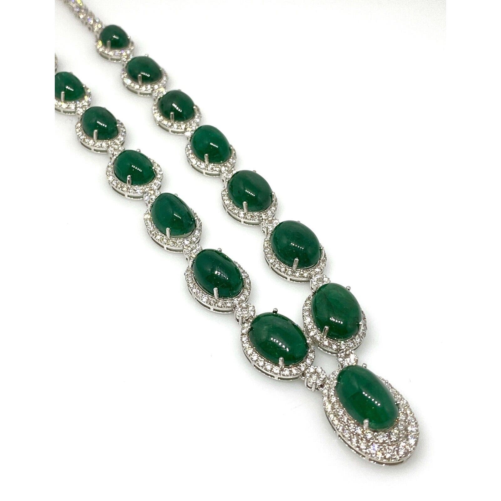 Cabochon Emerald and Diamond Necklace 100.00 cttw in 18k White Gold - HM2304AB