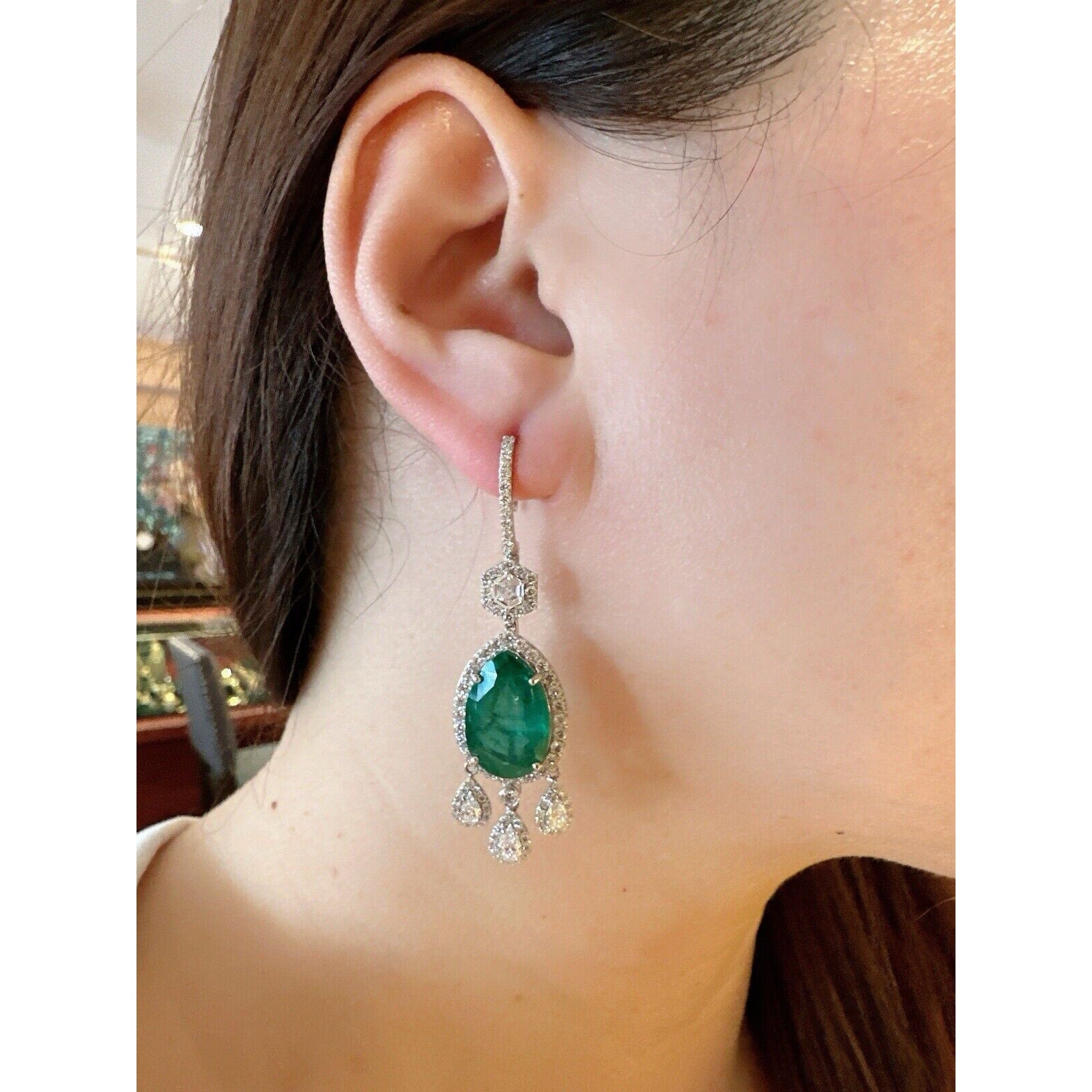 GIA Large Pear Emerald Drop Earrings with Diamonds in 18k White Gold