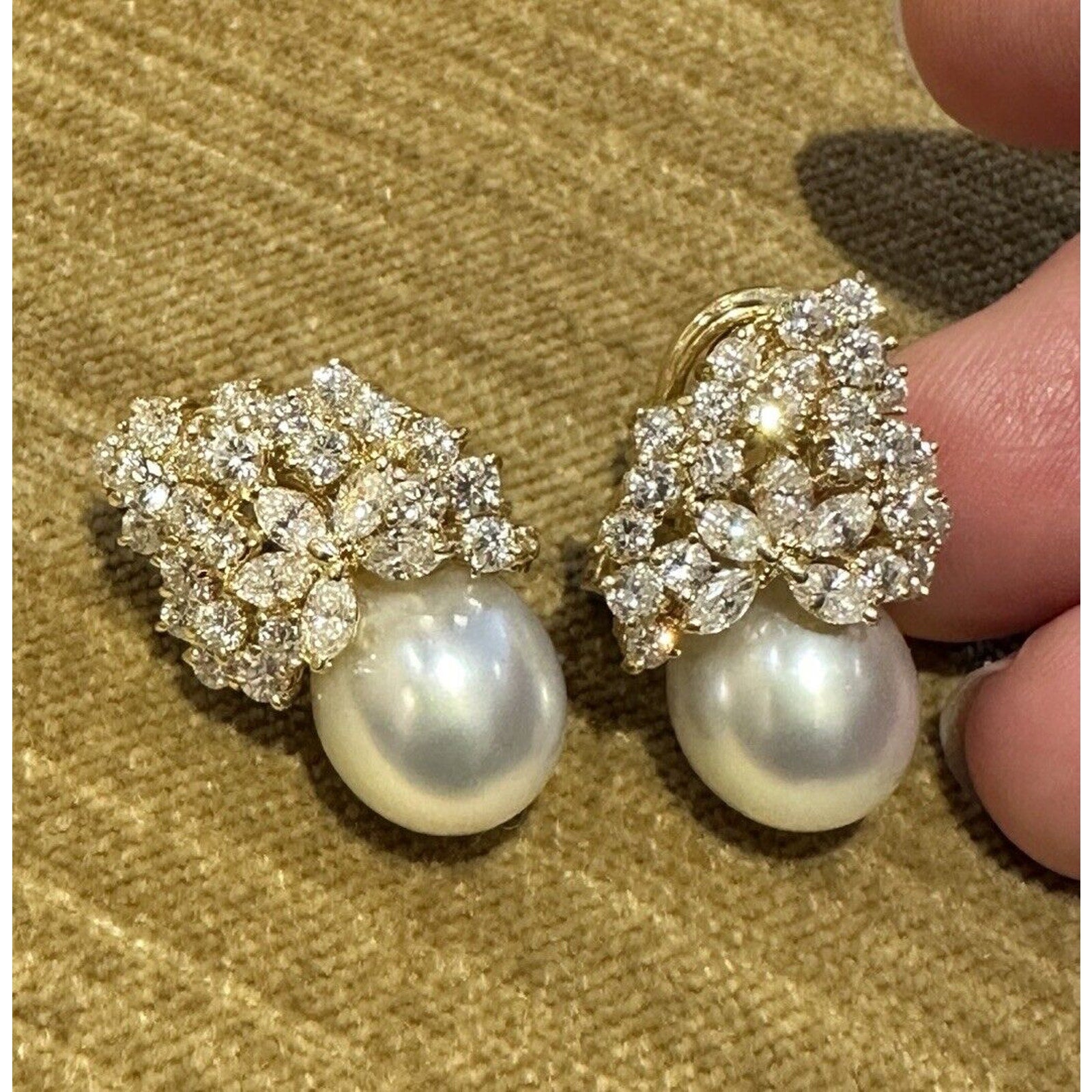 Estate Pearl and Diamond Drop Earrings in 18k Yellow Gold