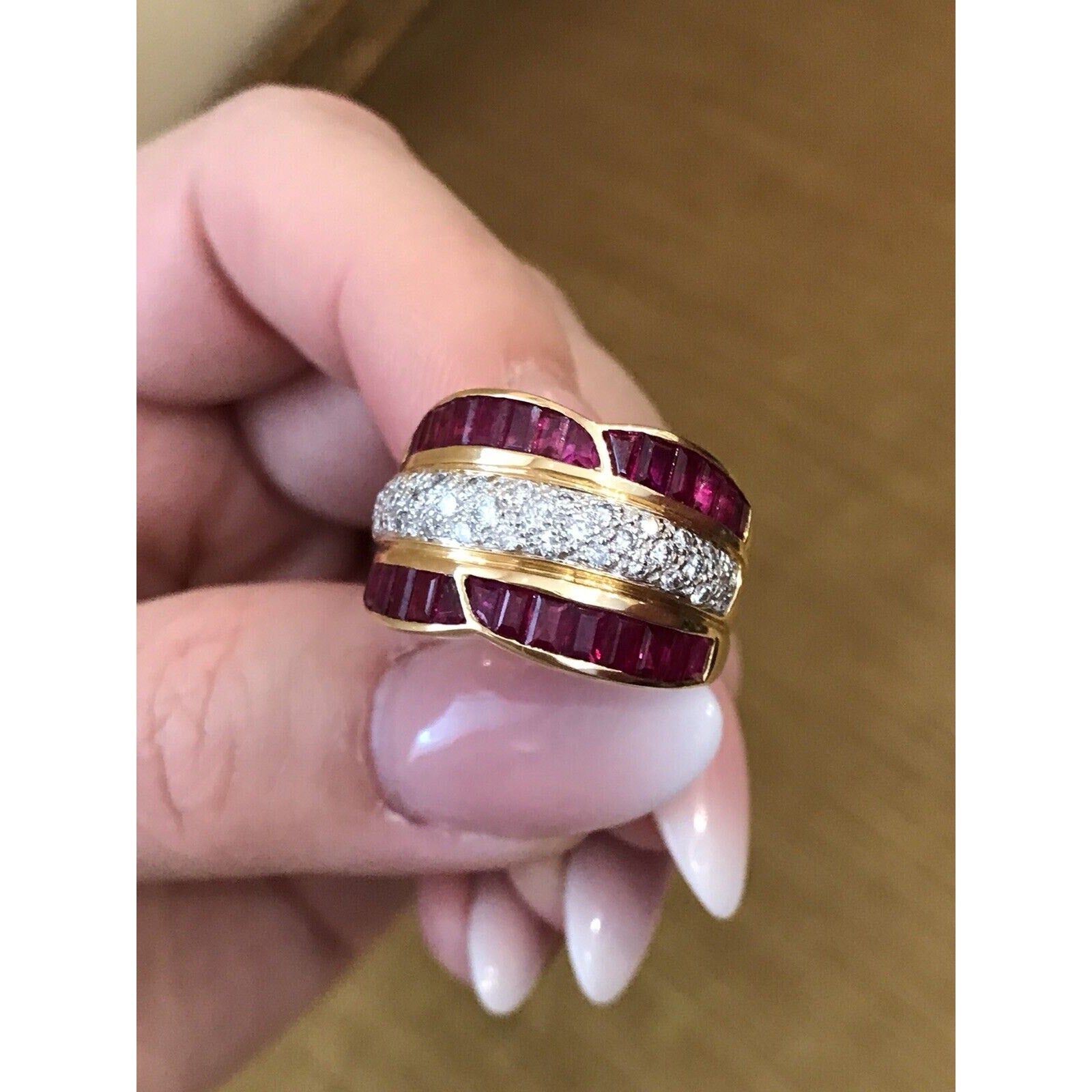 Ruby and Diamond Baguette Wide Band Cocktail Ring in 18k Yellow Gold