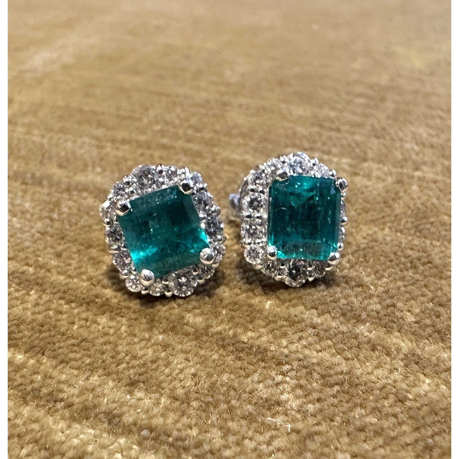 Natural Emerald Stud Earrings w Diamond Halo in Plat/18k White Gold