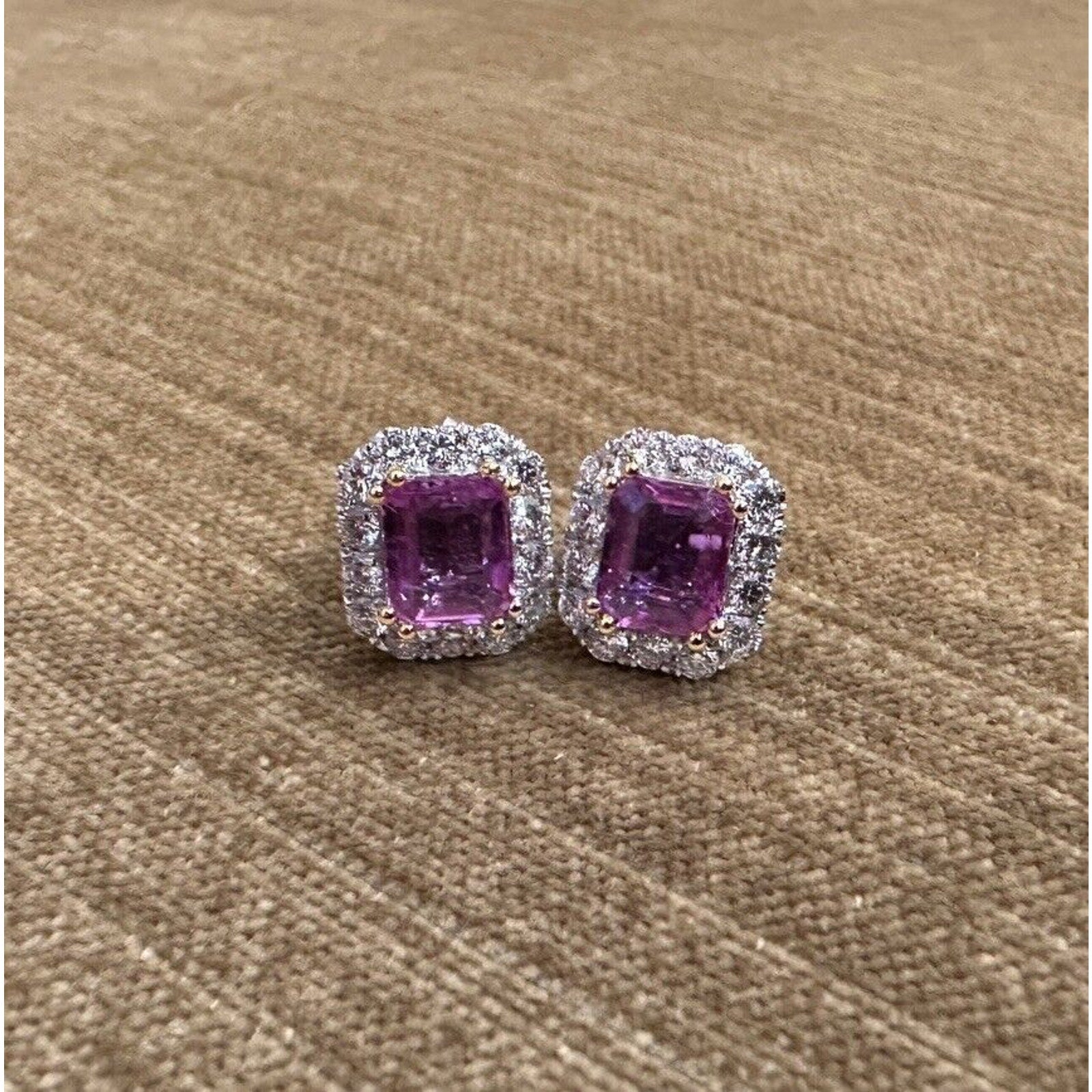 Pink Sapphire and Diamond Halo Earrings in 18k White Gold - HM2536SN