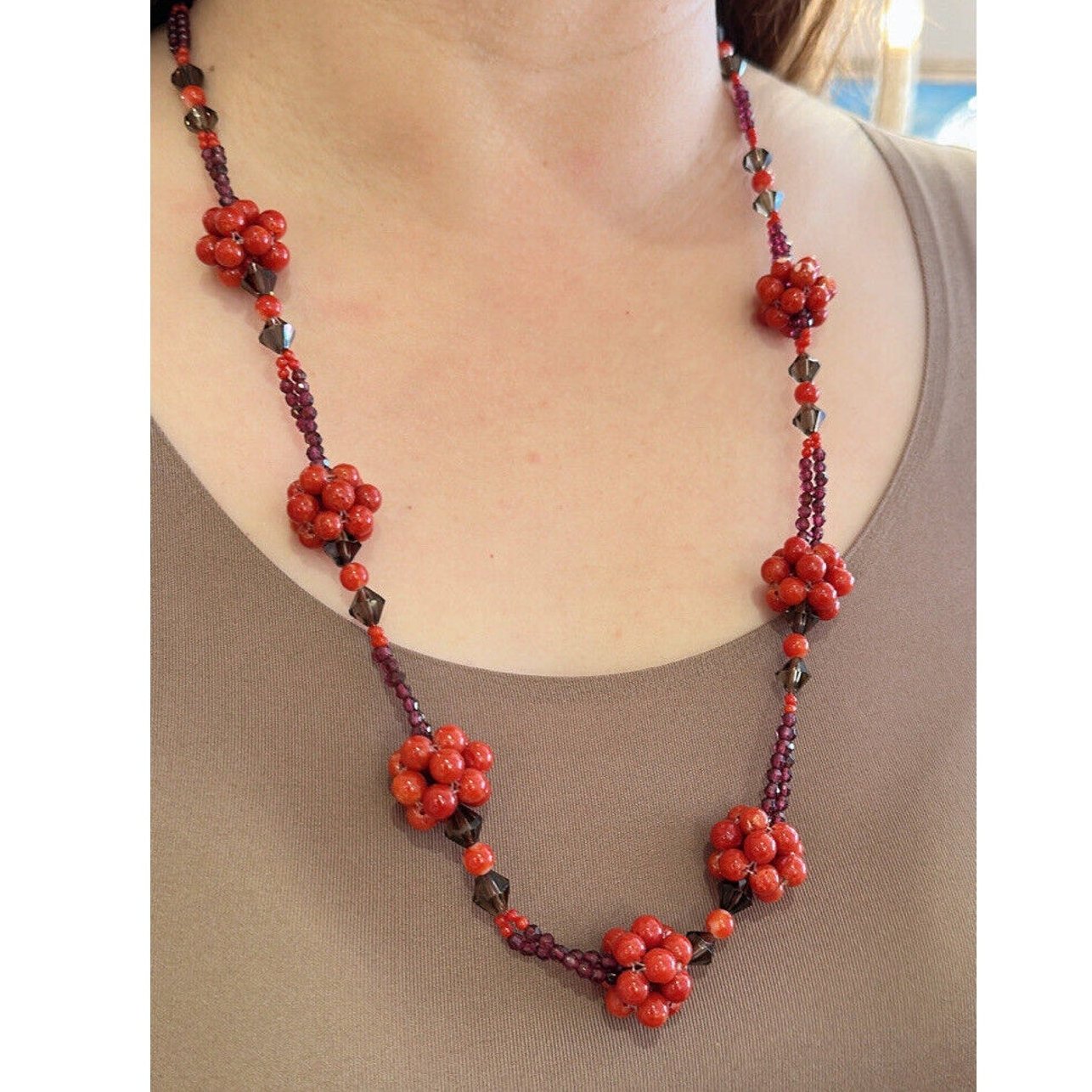 Coral, Garnet and Quartz Bead Necklace in 14k Yellow Gold