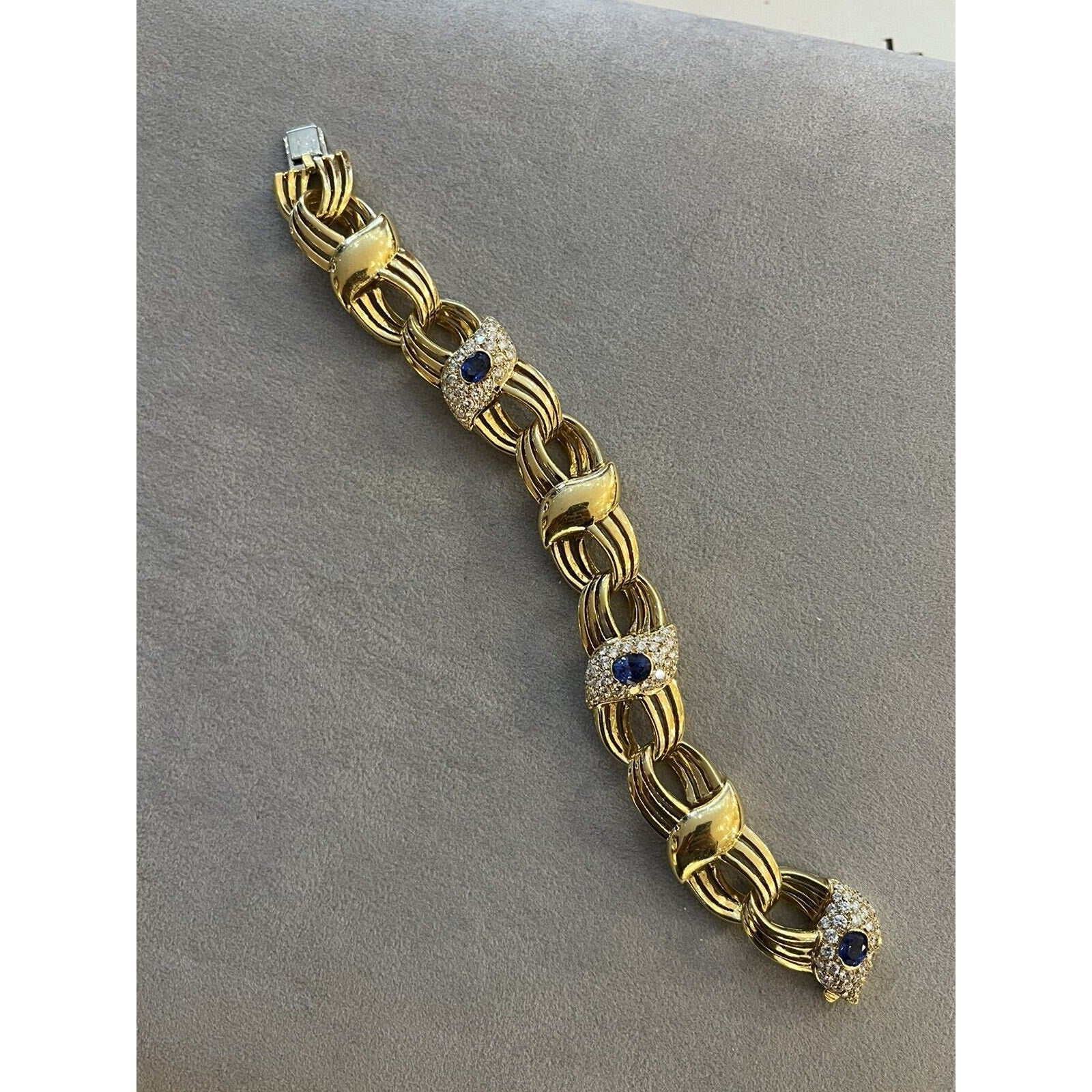 Wide Natural Sapphire and Diamond Link Bracelet in 18k Yellow Gold