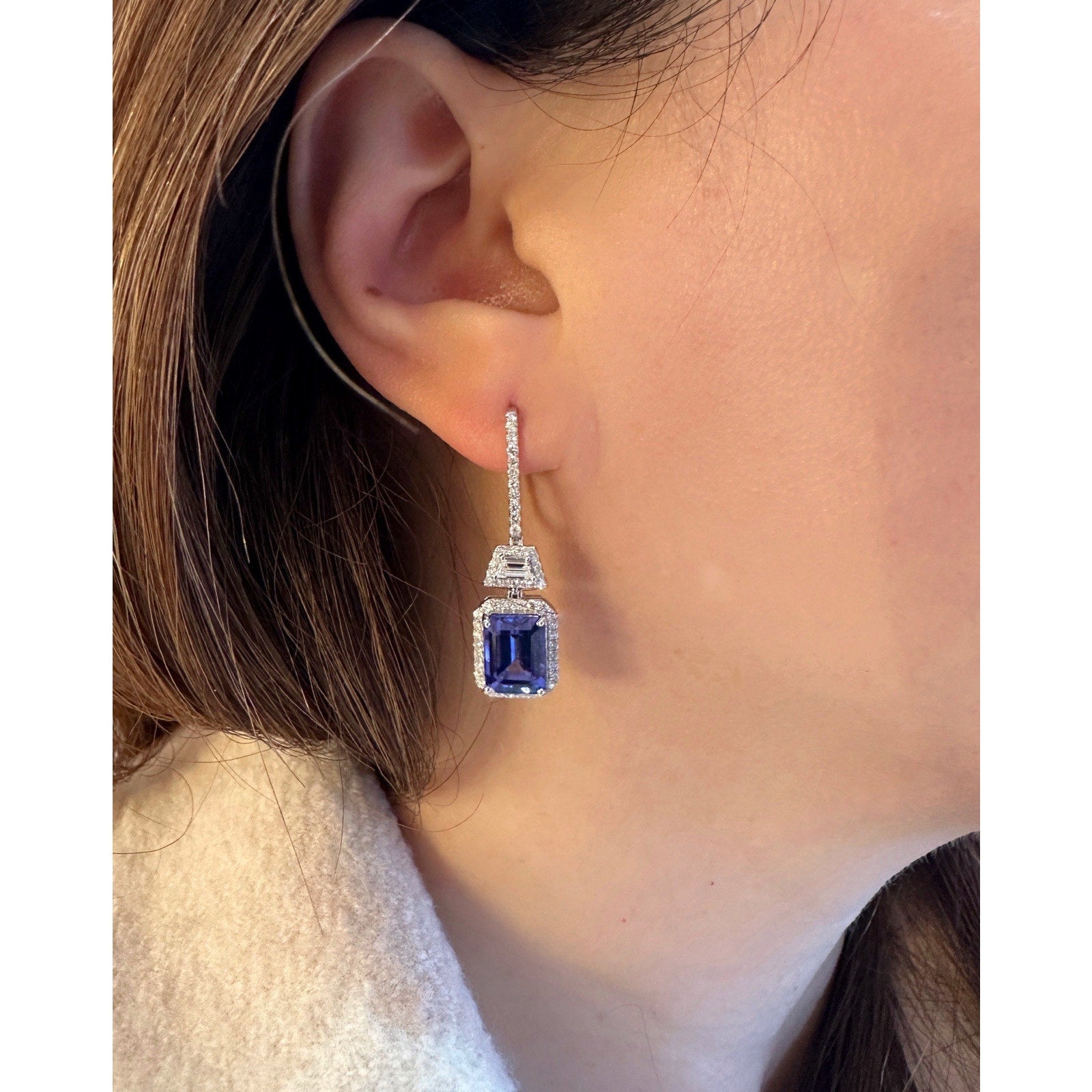 Emerald Cut Tanzanite & Diamond Drop Earrings in 18k White Gold