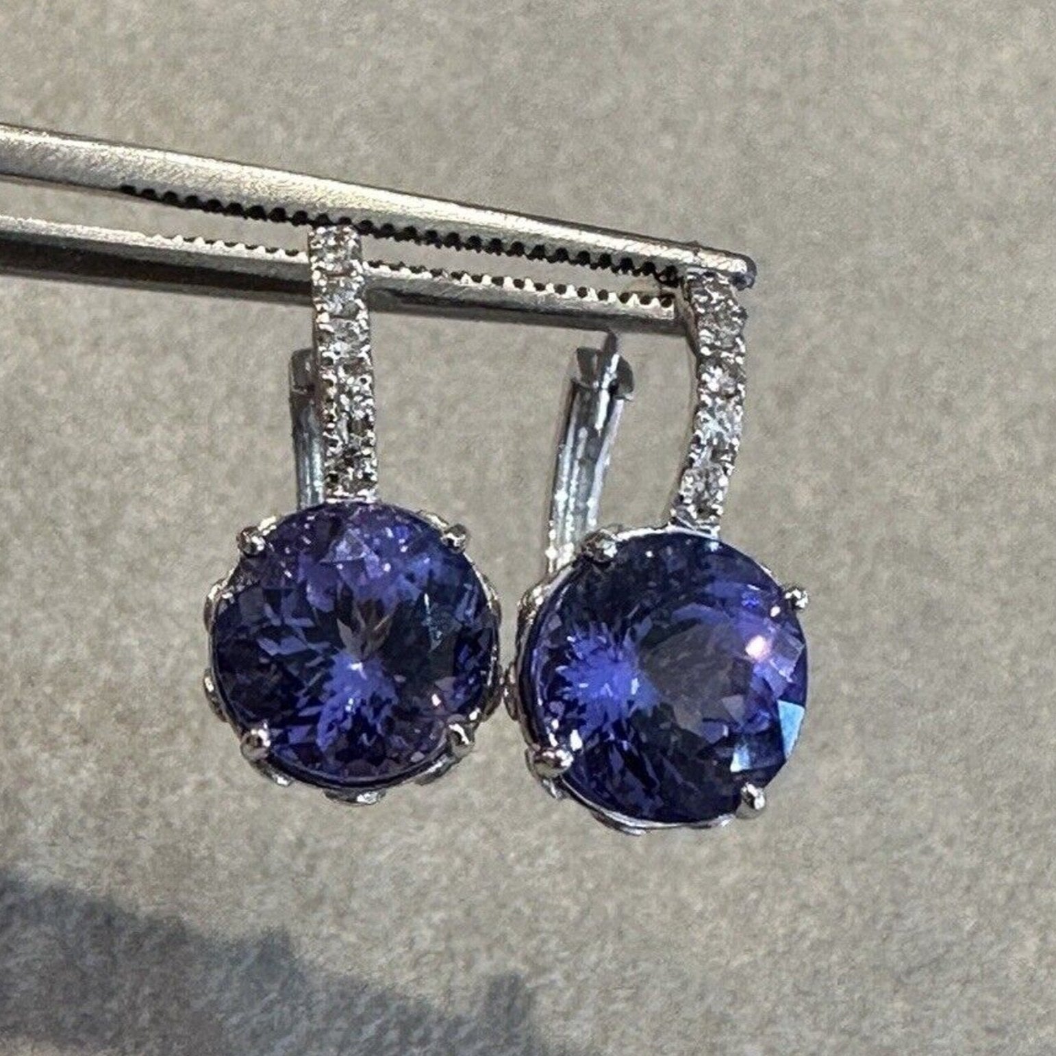 Round Tanzanite & Diamond Drop Earrings in 18k White Gold