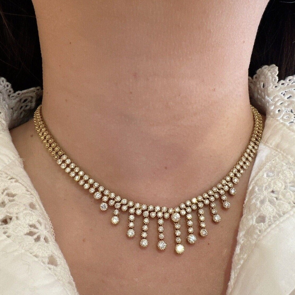 Diamond Choker Necklace with Diamond Dangles in 18k Yellow Gold